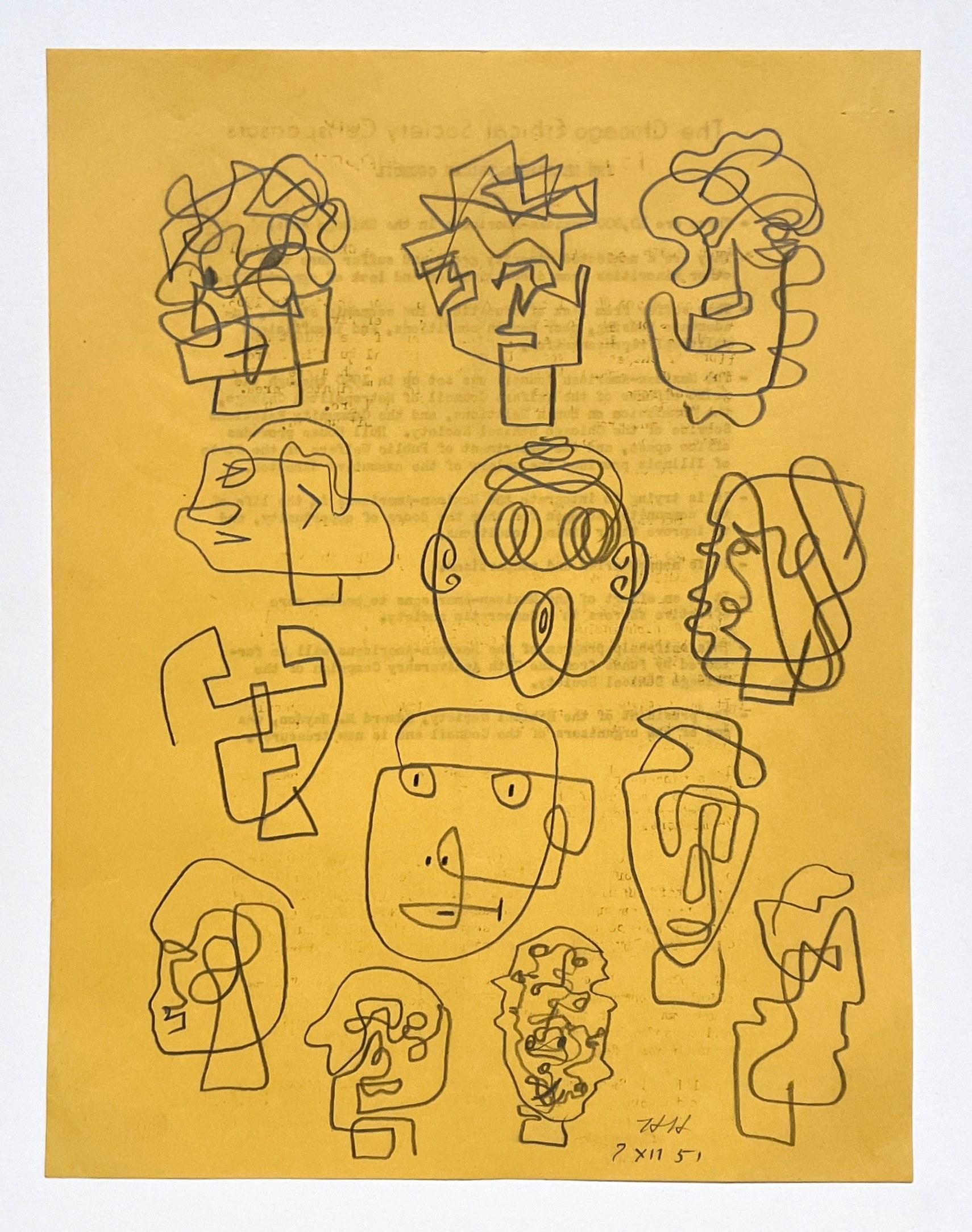A Whimsical 1950s Mid-Century Modern Abstract Portrait Study, Composite Drawings - American Modern Art by Harold Haydon