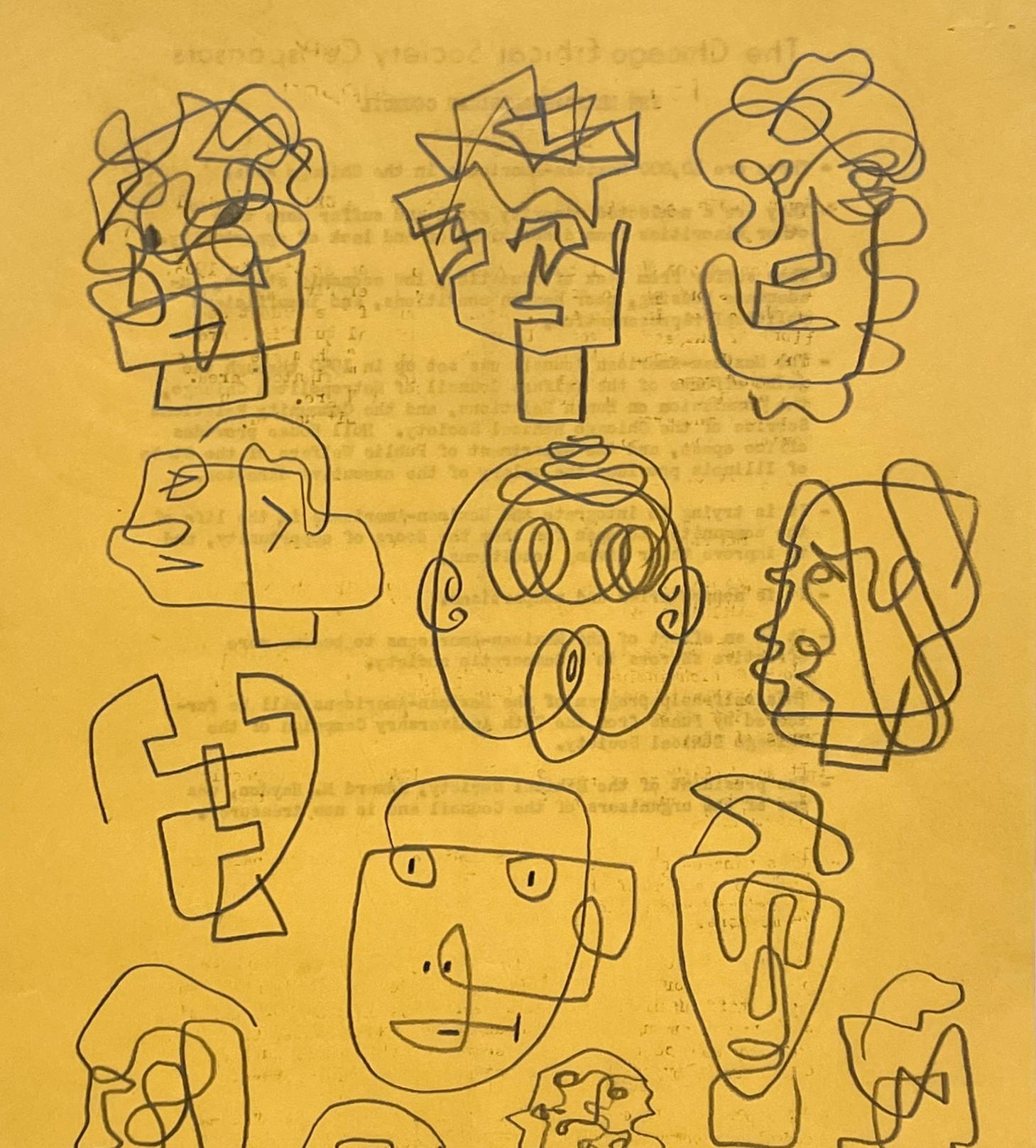A Whimsical 1950s Mid-Century Modern Abstract Portrait Study, Composite Drawings - Orange Figurative Art by Harold Haydon