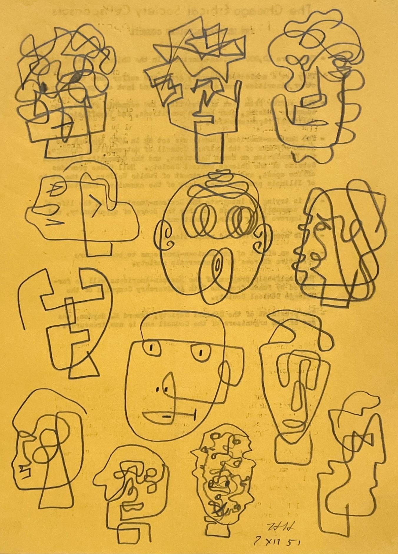 A Whimsical 1950s Mid-Century Modern Abstract Portrait Study, Composite Drawings For Sale 1