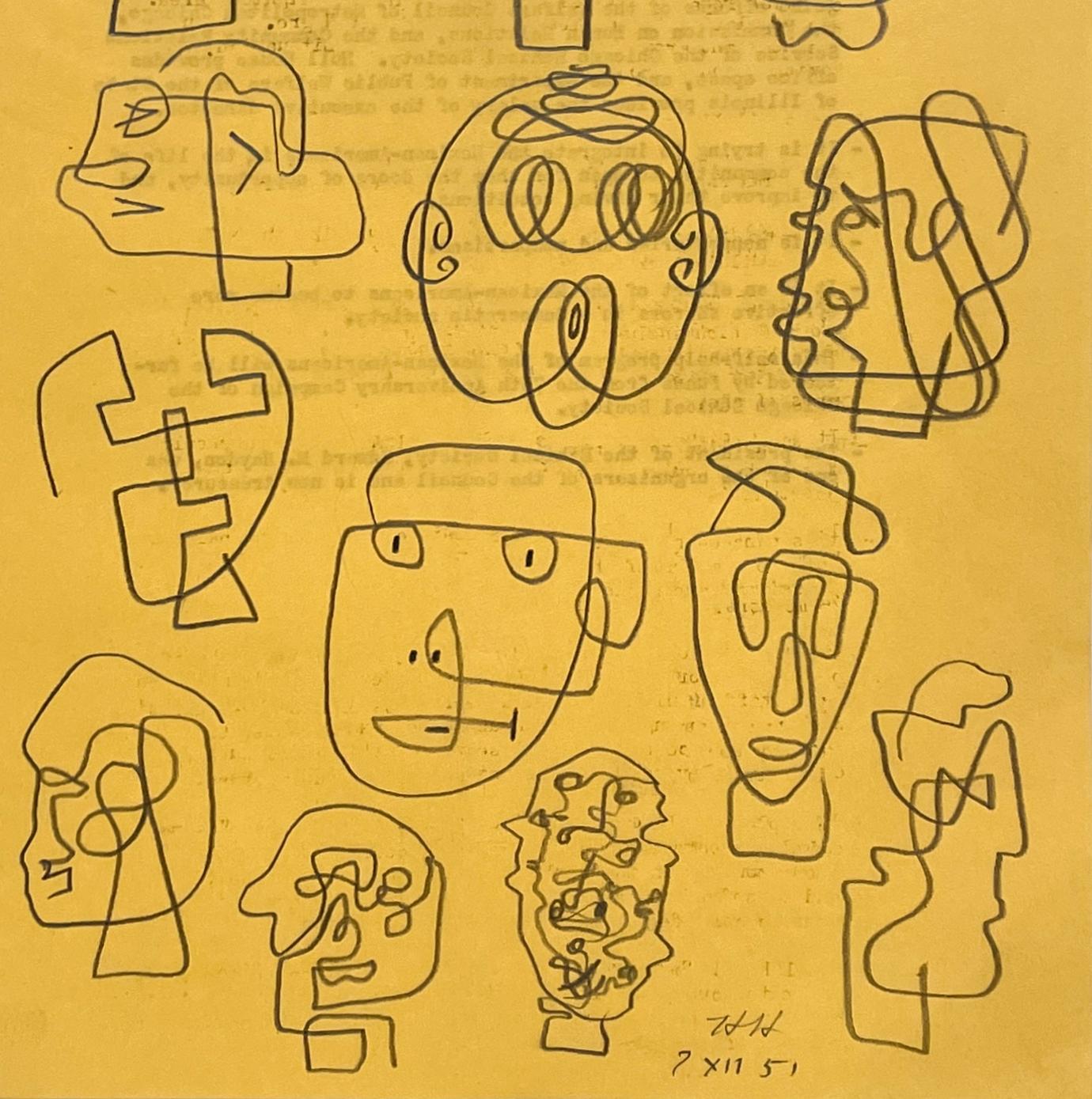 A Whimsical 1950s Mid-Century Modern Abstract Portrait Study (Composite Drawings) by Noted Chicago Artist, Harold Haydon (Am. 1909-1994).  A humorous and visually striking sheet of abstract portrait studies, dating from July 1951,  executed on