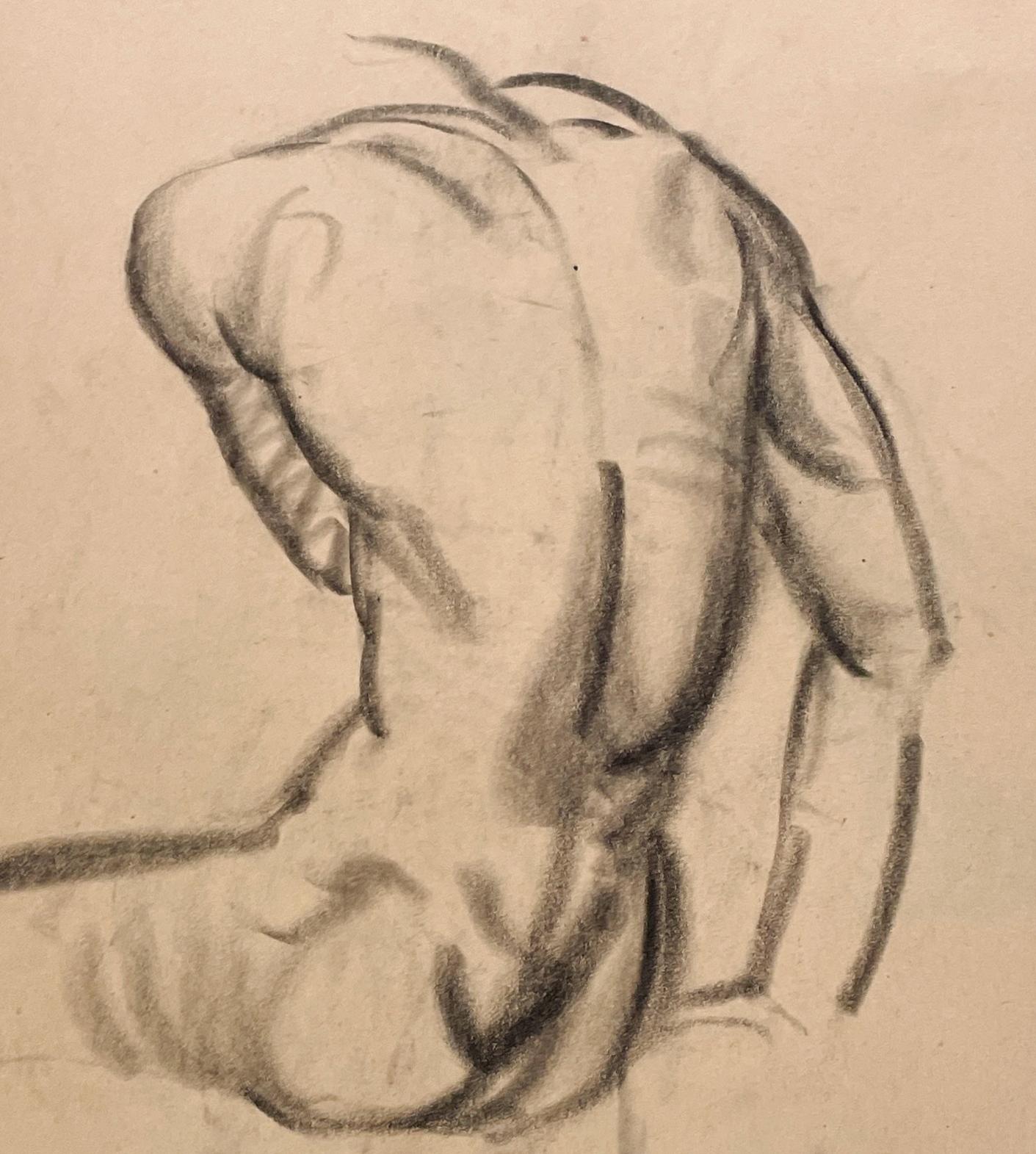 Beau dessin d'étude de figure anatomique académique moderne des années 1930 d'un modèle masculin nu assis (au dos) par le célèbre artiste de Chicago, Harold Haydon (Am. 1909-1994).  Un dessin au fusain exceptionnellement bien exécuté de Haydon,