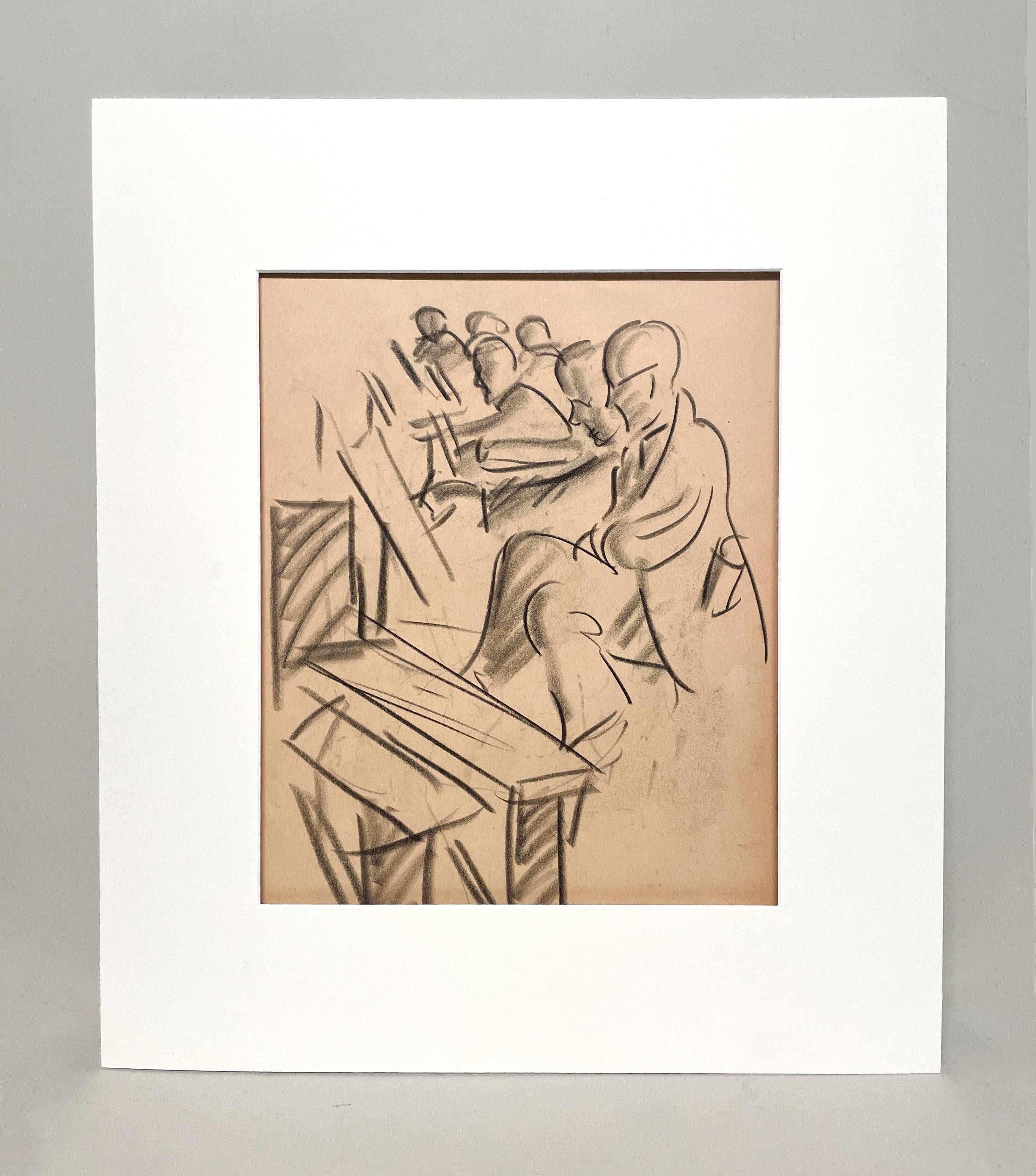 Moderne Zeichnung einer Figur aus den 1930er Jahren, Sketch Class, Artists at Easels (Beige), Figurative Art, von Harold Haydon