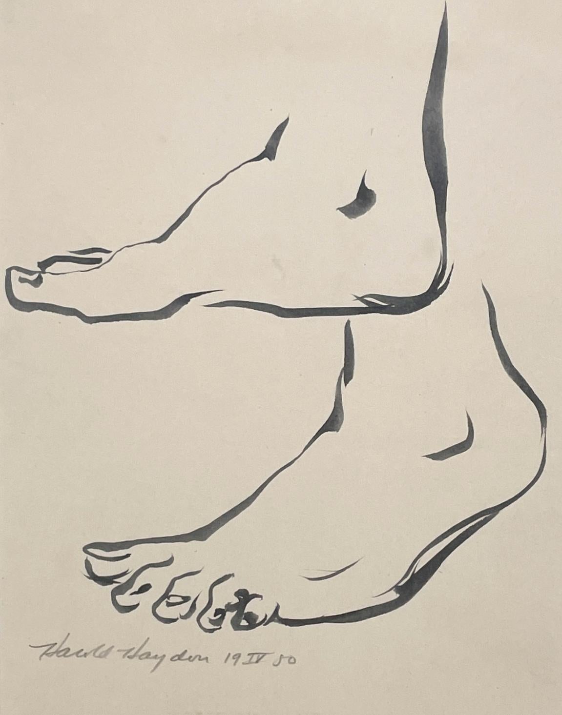 A Fine, Mid-Century Modern 1950s Academic Anatomical Figure Study of Female Feet by Notable Chicago Artist, Harold Haydon (Am. 1909-1994).  A well executed ink composite figure study of two feet, highlighting Haydon's refined skill and confident