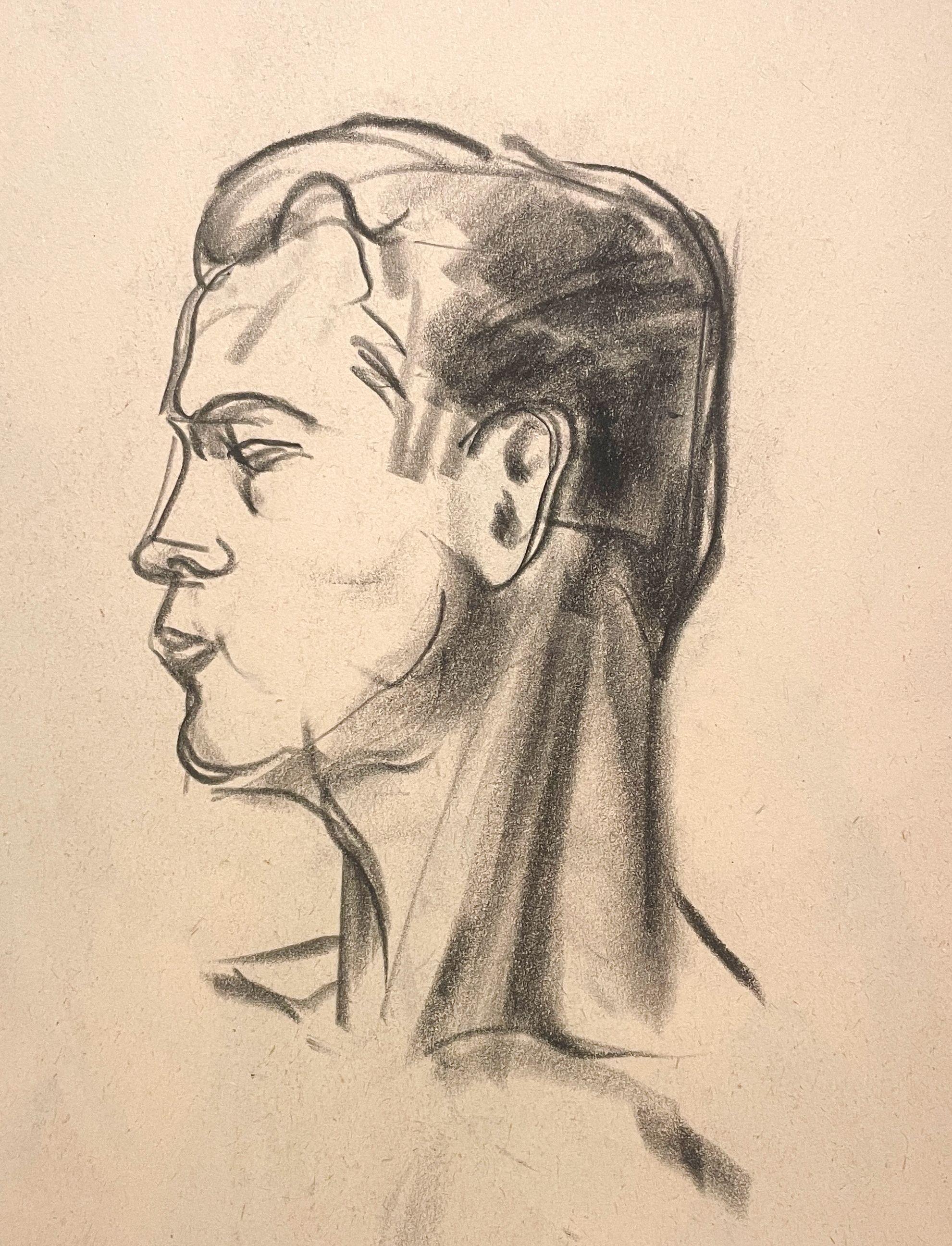 Portrait moderne très finement dessiné dans les années 1930 d'un beau jeune modèle masculin par le célèbre artiste moderne de Chicago, Harold Haydon (Am. 1909-1994).   Un premier dessin au fusain de Haydon qui témoigne de son habileté exceptionnelle