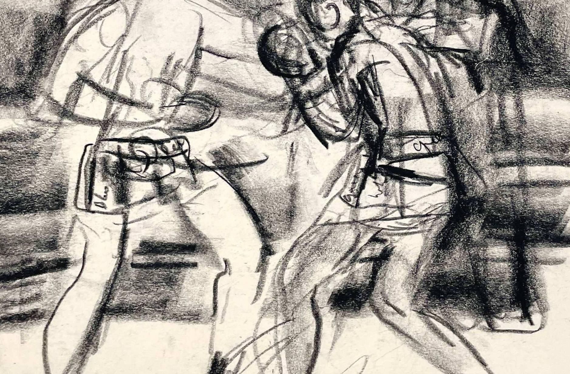 A Fine 1930's, Expressive charcoal drawing depicting a dynamic boxing scene. The sketch captures the energy and motion of two fighters in the ring, with a referee or spectator in the background. The loose, gestural lines give the artwork a sense of