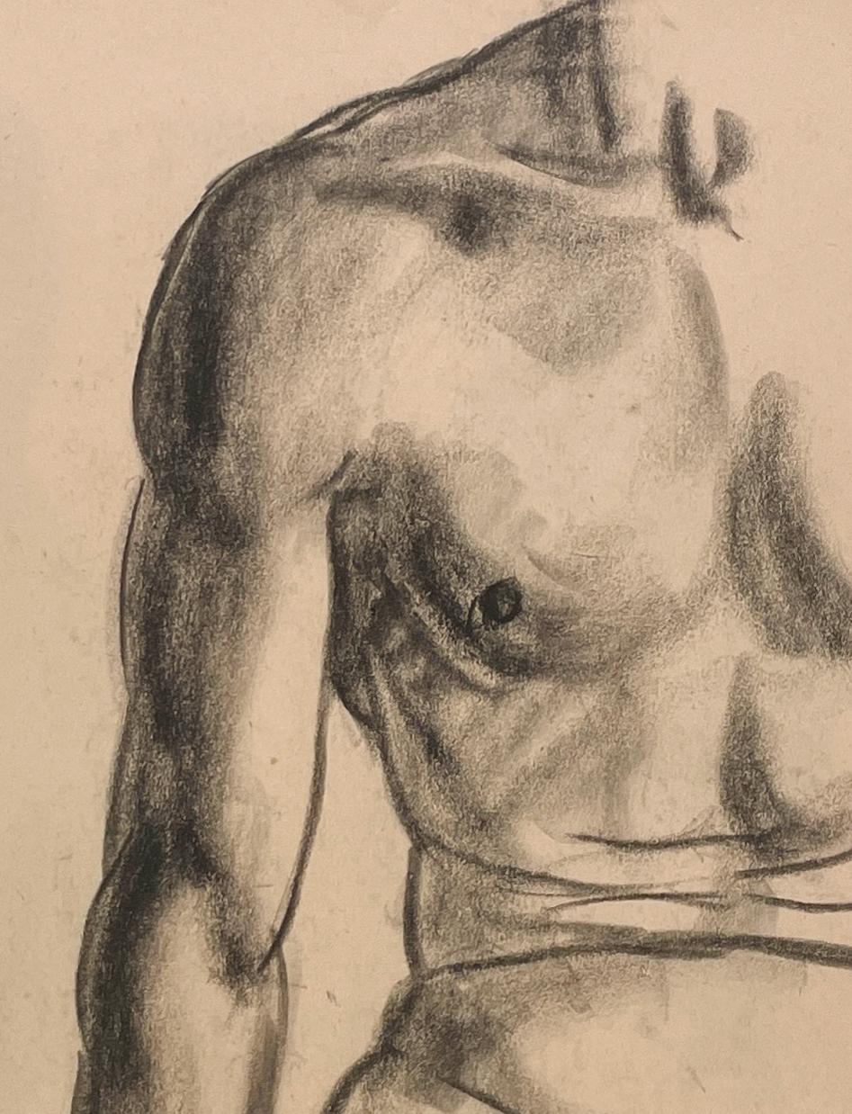 A Fine, 1930s Modern Academic Anatomical Figure Study Drawing of a Seated Male Nude Model (Torso) by Notable Chicago Artist, Harold Haydon (Am. 1909-1994).  An exceptionally well executed, early 1930s charcoal drawing by Haydon, highlighting the