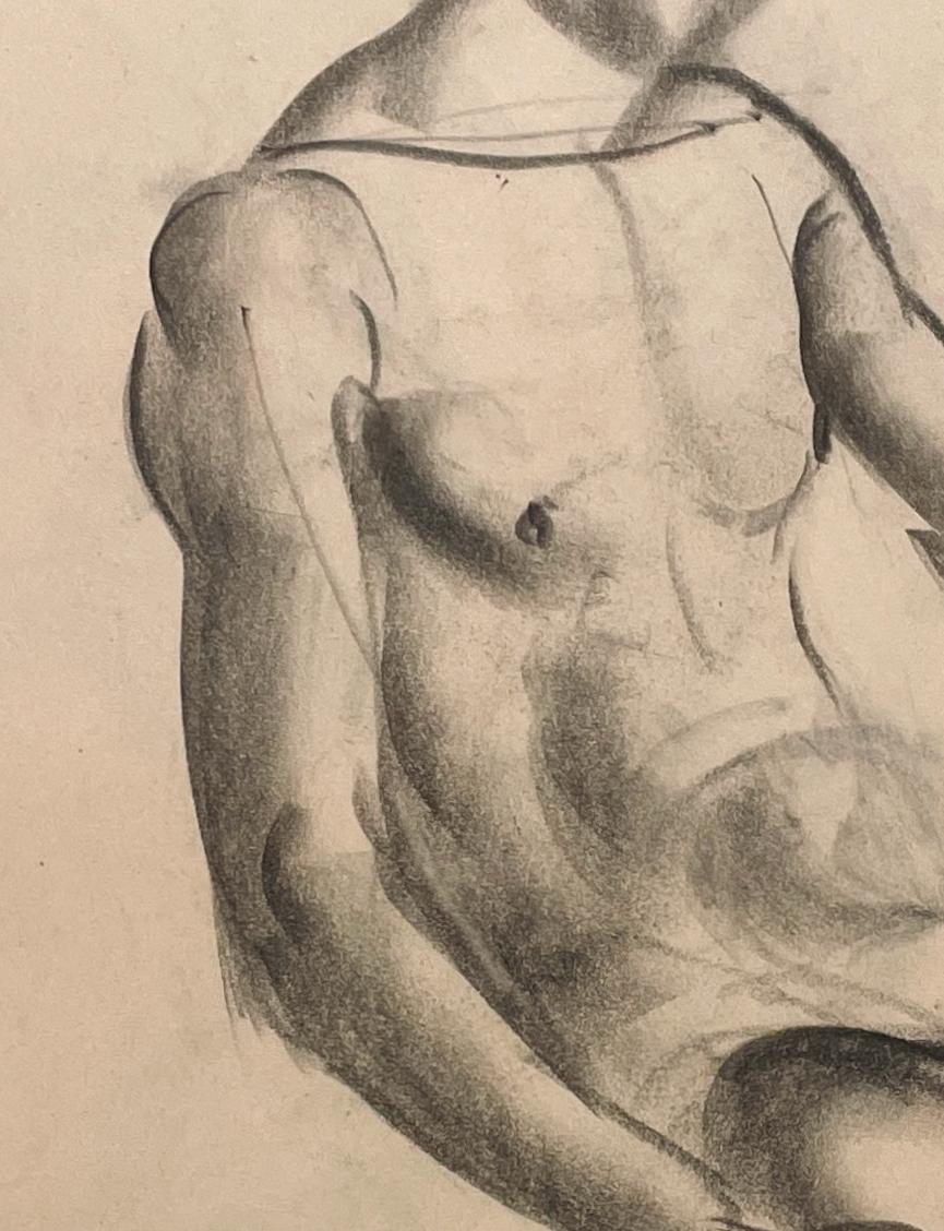 A Fine, 1930s Modern Academic Anatomical Figure Study Drawing of a Seated Male Nude Model (Torso) by Notable Chicago Artist, Harold Haydon (Am. 1909-1994).  An exceptionally well executed, early 1930s charcoal drawing by Haydon, highlighting the