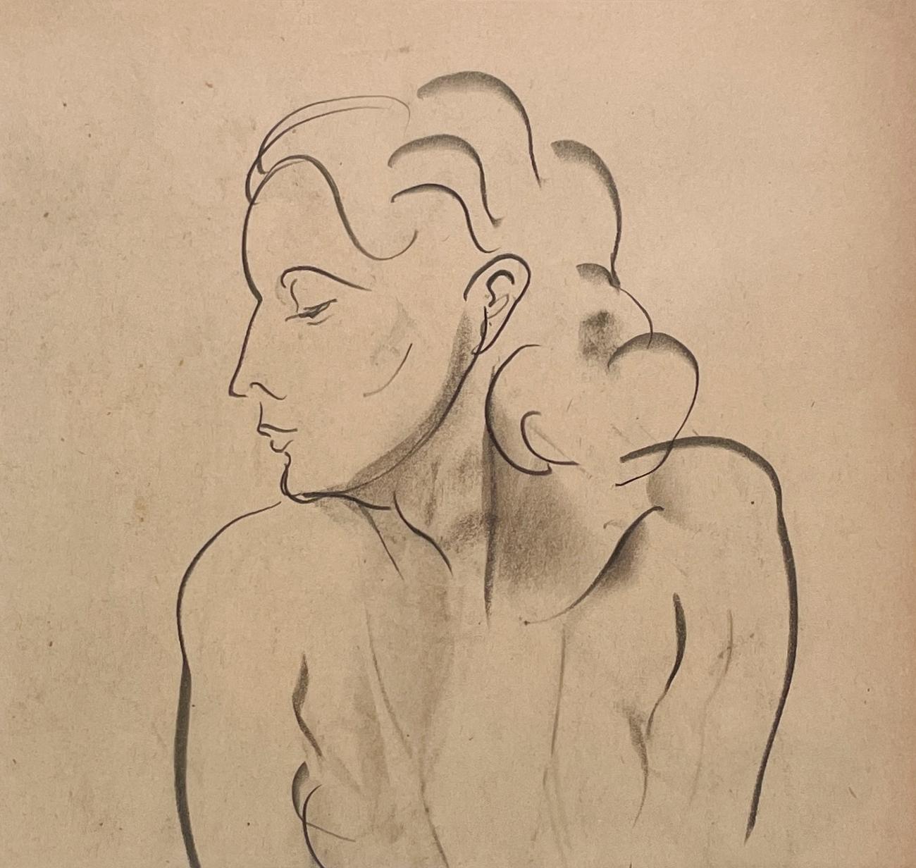 Diptych Fine Arts des années 1930, dessin de femme, portrait d'une jeune femme