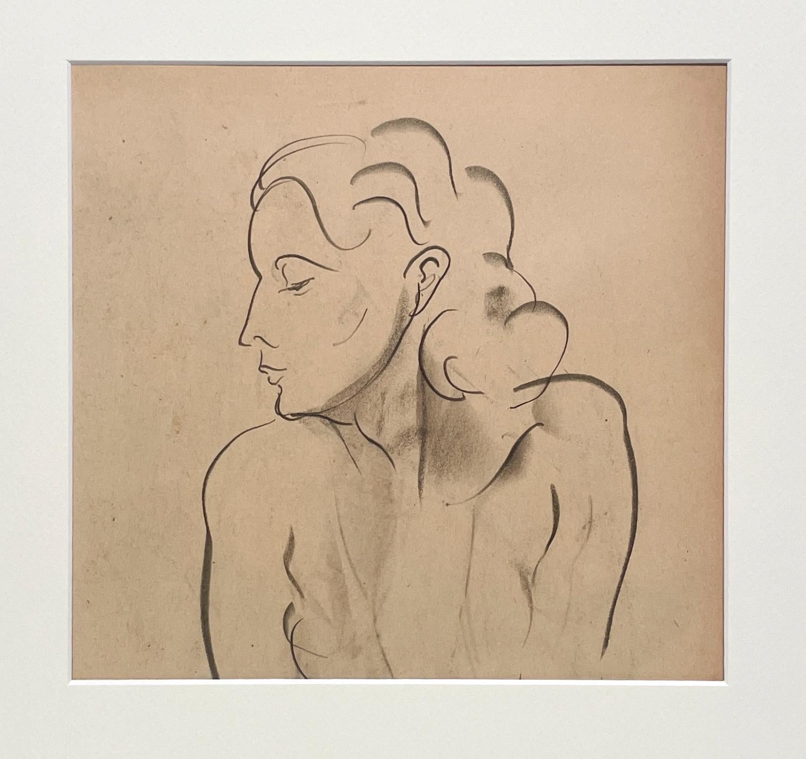 A Finely Drawn, 1930s Art Deco Modern Female Figure Study, Portrait of a Young Woman in Profile by Notable Chicago Artist, Harold Haydon (Am. 1909-1994).  An exquisite studio portrait study, charcoal on paper, dating circa 1930.  Artwork size: 13 x