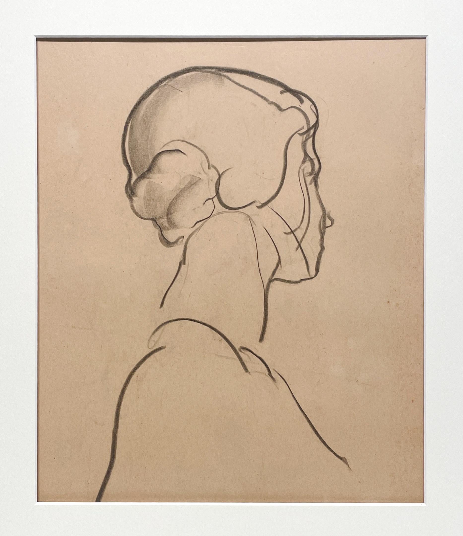 A Finely Drawn, 1930s Art Deco Modern Female Figure Study, Portrait of a Young Woman in Profile by Notable Chicago Artist, Harold Haydon (Am. 1909-1994).  An exquisite studio portrait study, charcoal on paper, dating circa 1930.  Artwork size: 16