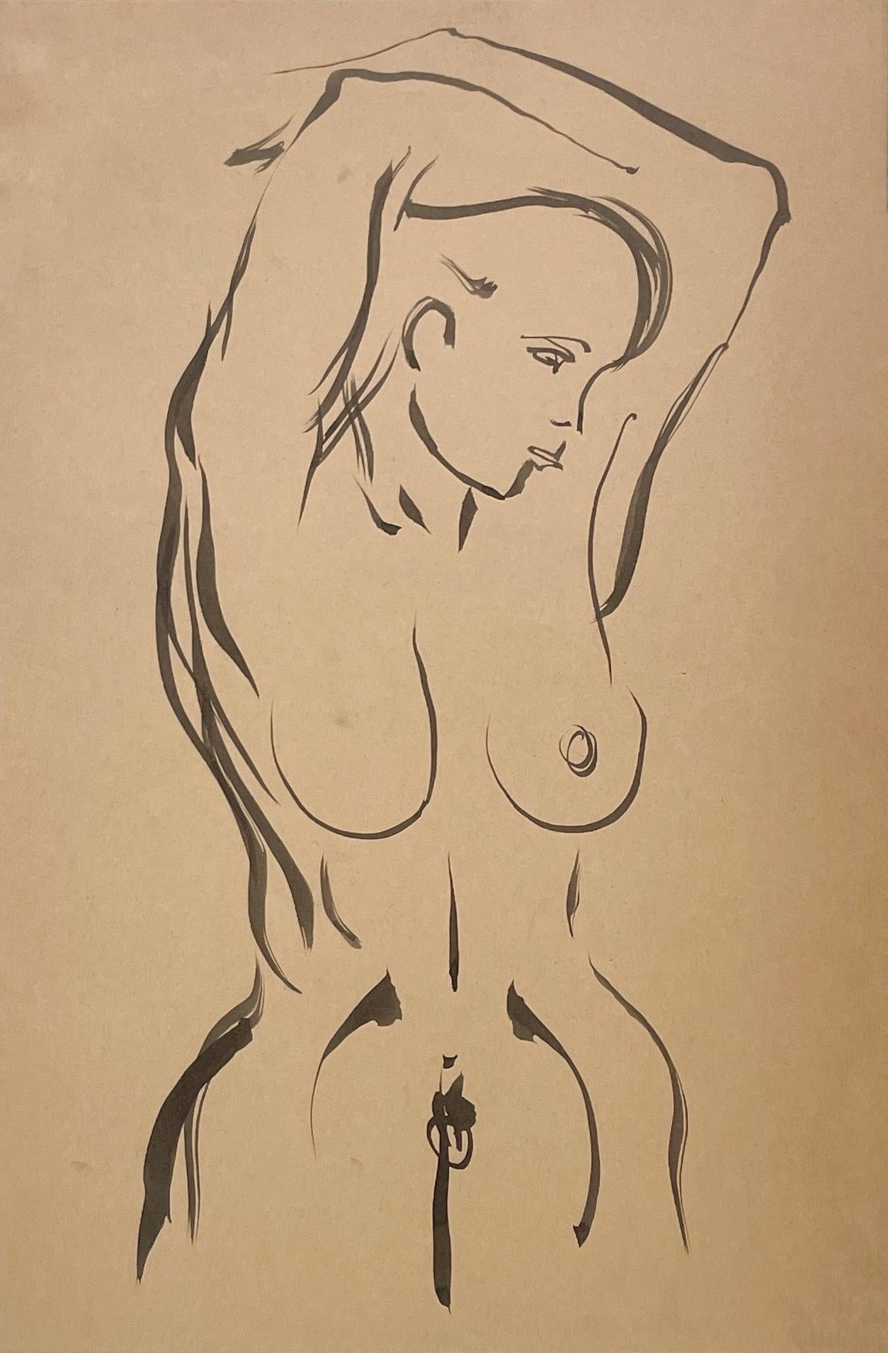 Une étonnante étude de figure féminine moderne des années 1930, finement dessinée, debout et nue
