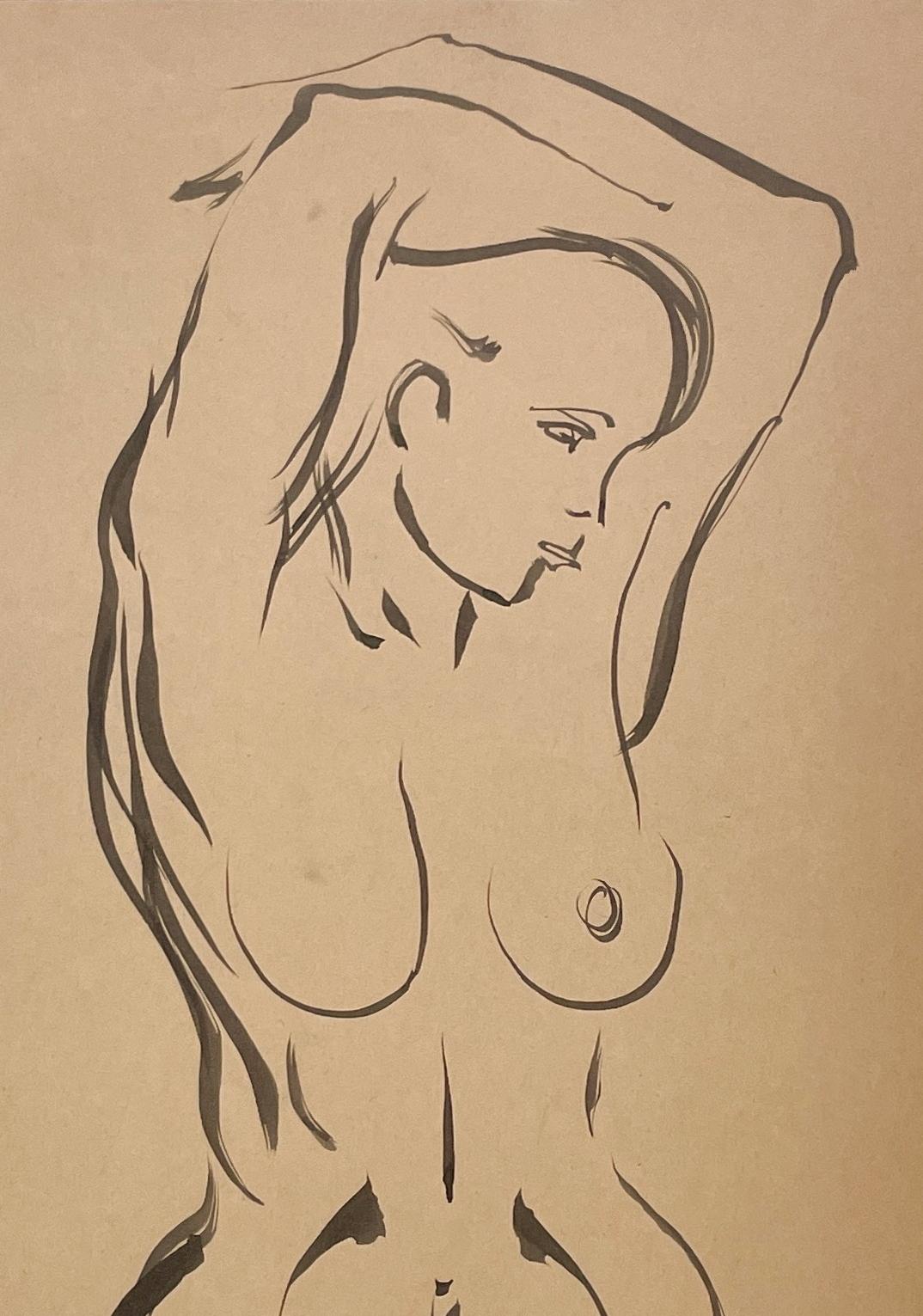 Impresionante estudio de figura femenina moderna de los años 30, finamente dibujada, desnuda de pie en venta 2