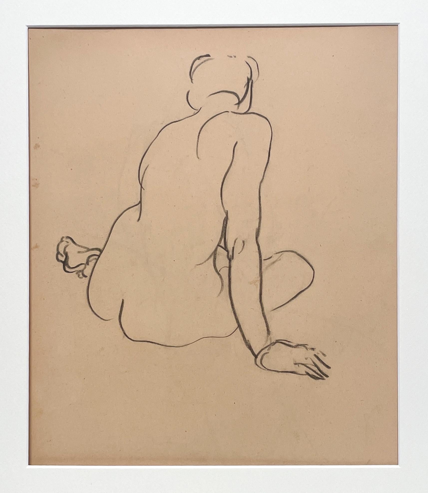 Belle étude de figure féminine Art déco des années 1930 (nu assis, de dos) par le célèbre artiste de Chicago, Harold Harold (Am. 1909-1994).  Un dessin au fusain exceptionnellement bien exécuté de Haydon, datant du début des années 1930, qui met en