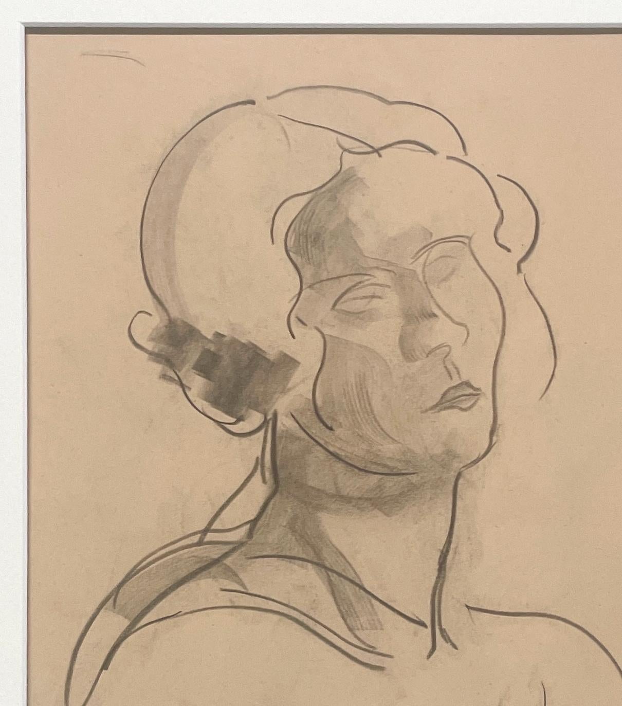 A Fine 1930s Modern, Art Deco Female Drawing, Portrait of a Young Woman For Sale 3
