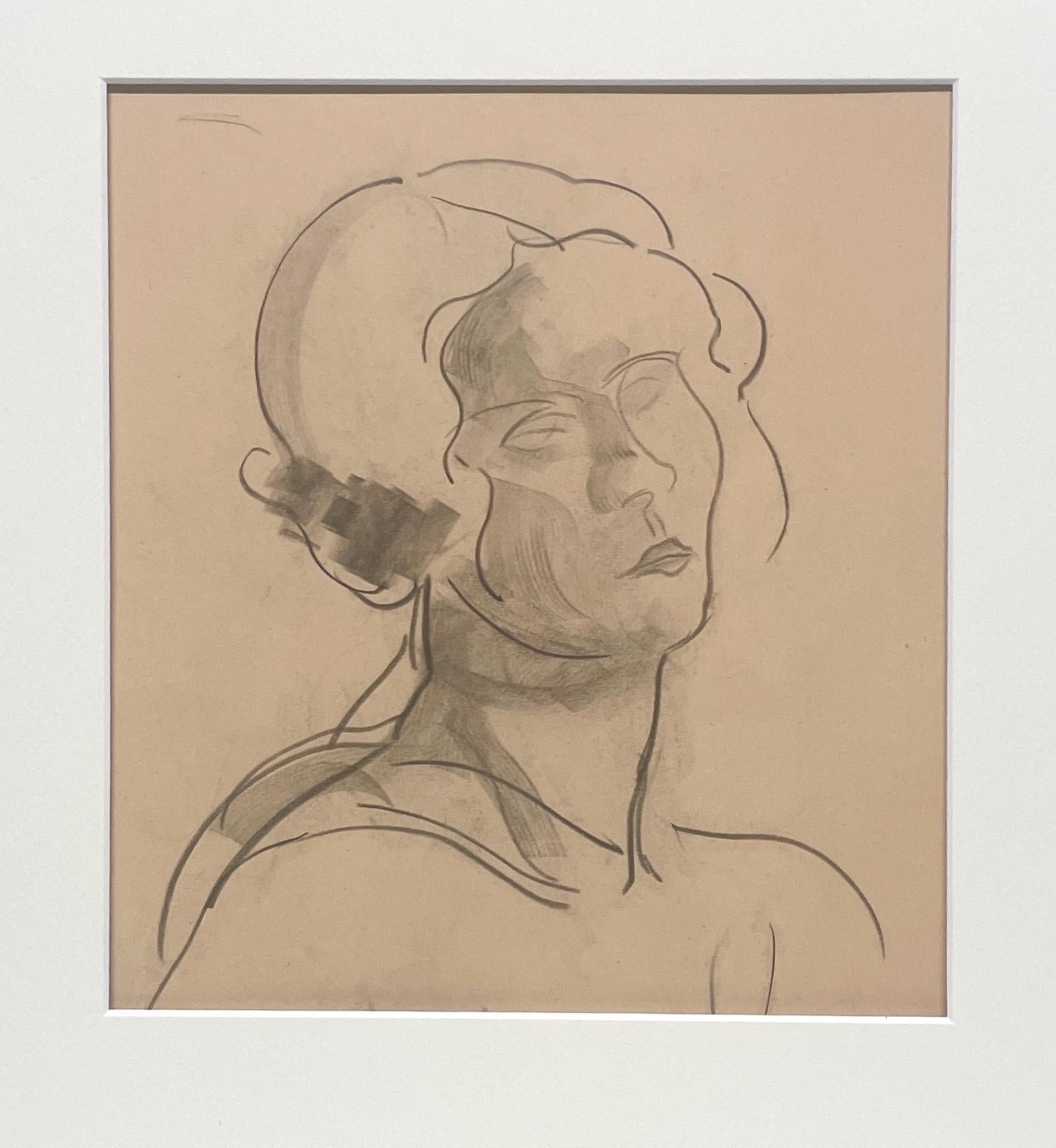 A Finely Drawn, 1930s Art Deco Modern Female Figure Study, Portrait of a Young Woman by Notable Chicago Artist, Harold Haydon (Am. 1909-1994).  An exquisite studio portrait study, charcoal on paper, dating circa 1930.  Artwork size: 18 x 12 inches,