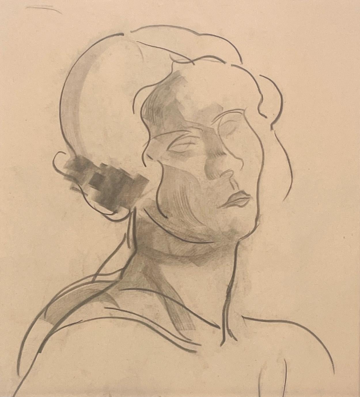 A Fine 1930s Modern, Art Deco Female Drawing, Portrait of a Young Woman For Sale 4