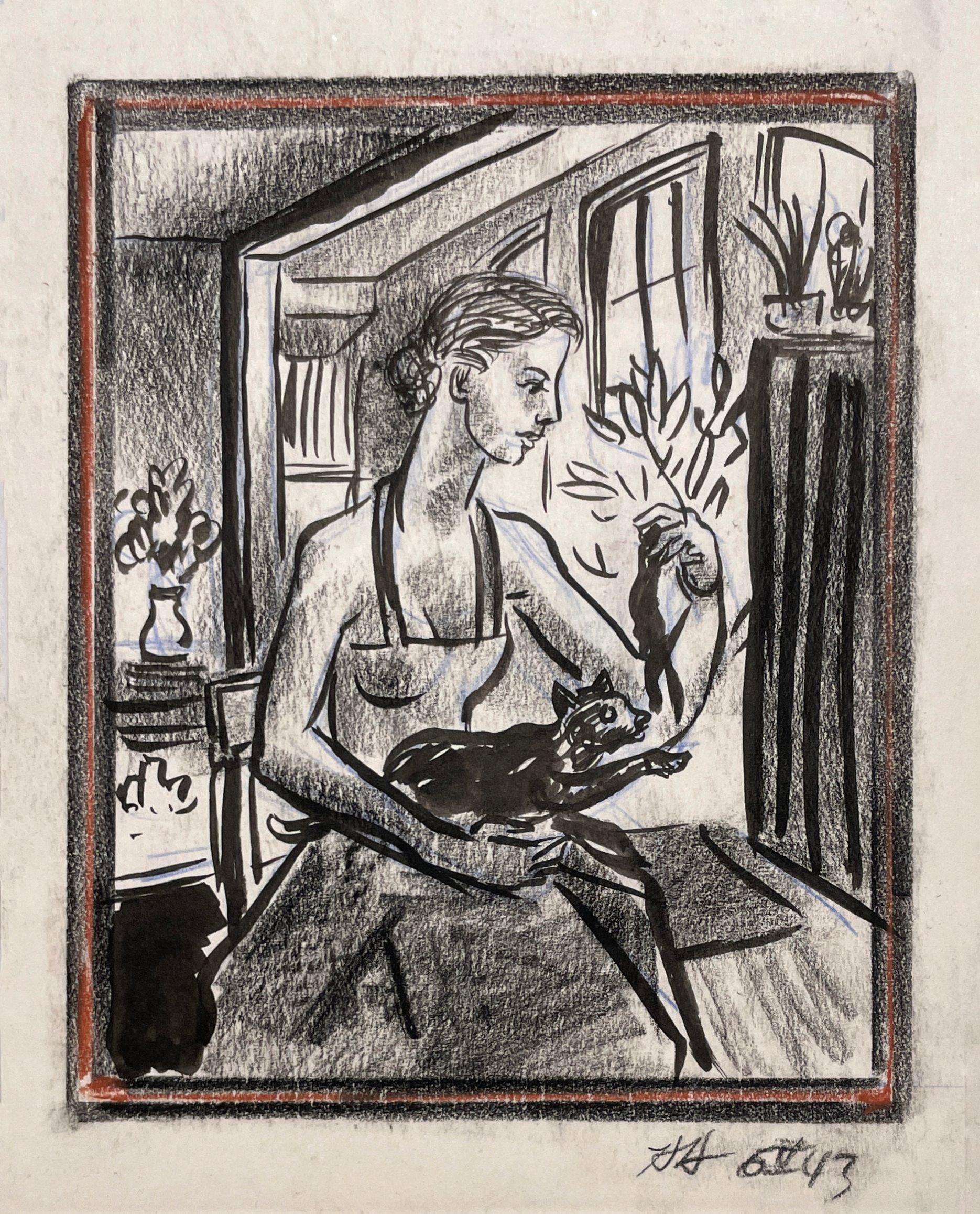 Harold Haydon Nude - A Charming, 1940s Mid-Century Modern Studio Interior Study, Young Woman with Cat