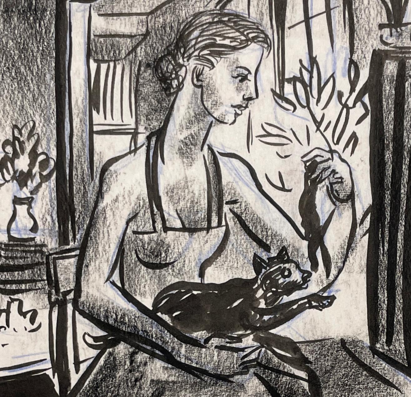 A Charming, 1940s Mid-Century Modern Studio Interior Study, Young Woman with Cat - Gray Nude by Harold Haydon