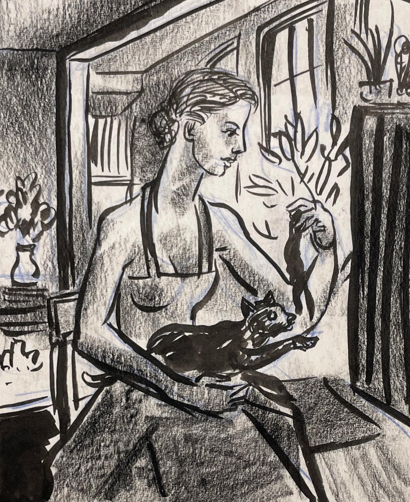 A Charming, Finely Drawn, 1940s Mid-Century Modern Interior Studio Scene of a Young Woman Holding a Cat by Notable Chicago Artist, Harold Haydon (Am. 1909-1994).  A highly finished, intimate studio drawing depicting the artist's wife seated in their