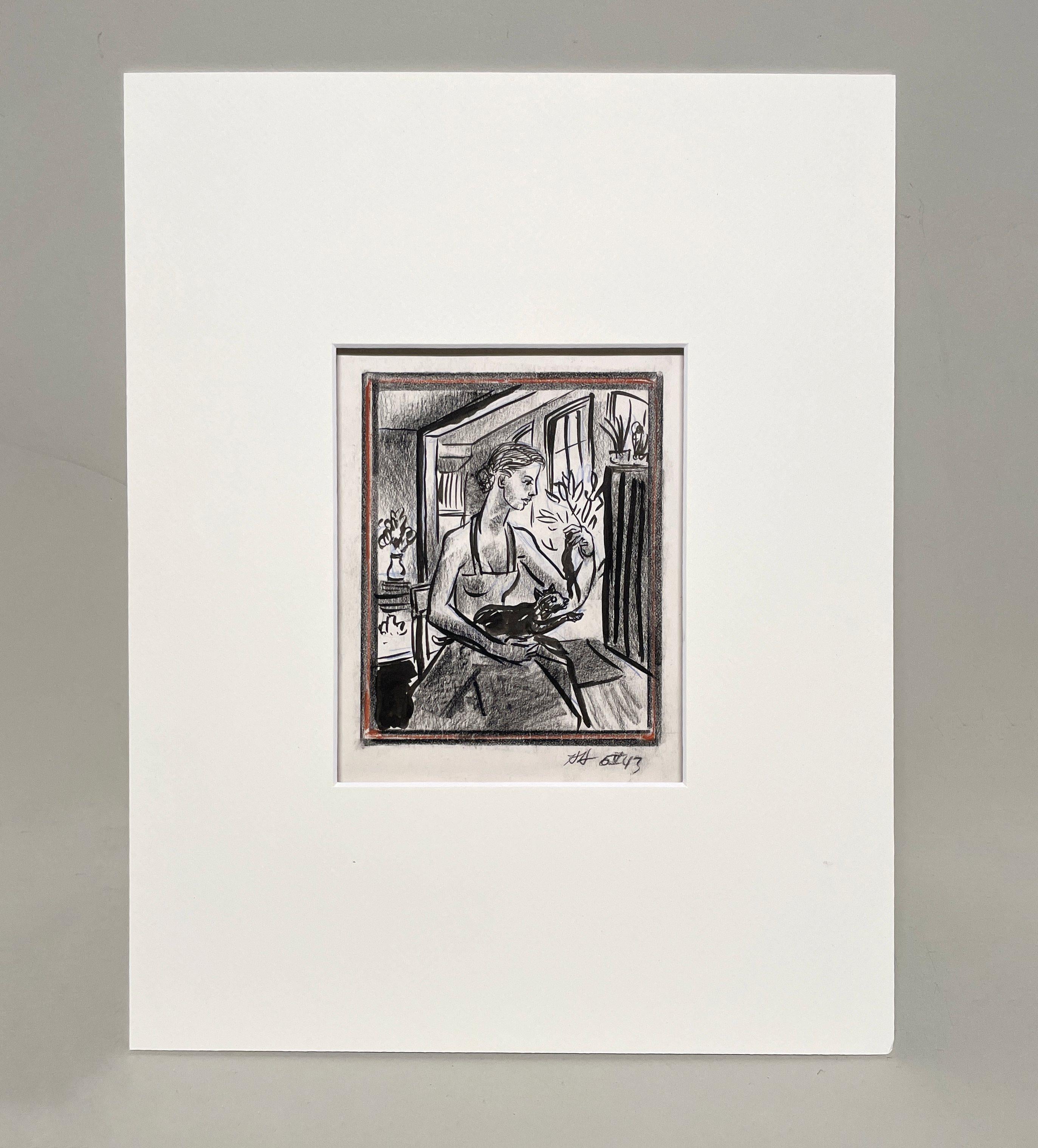 A Charming, 1940s Mid-Century Modern Studio Interior Study, Young Woman with Cat - Art by Harold Haydon