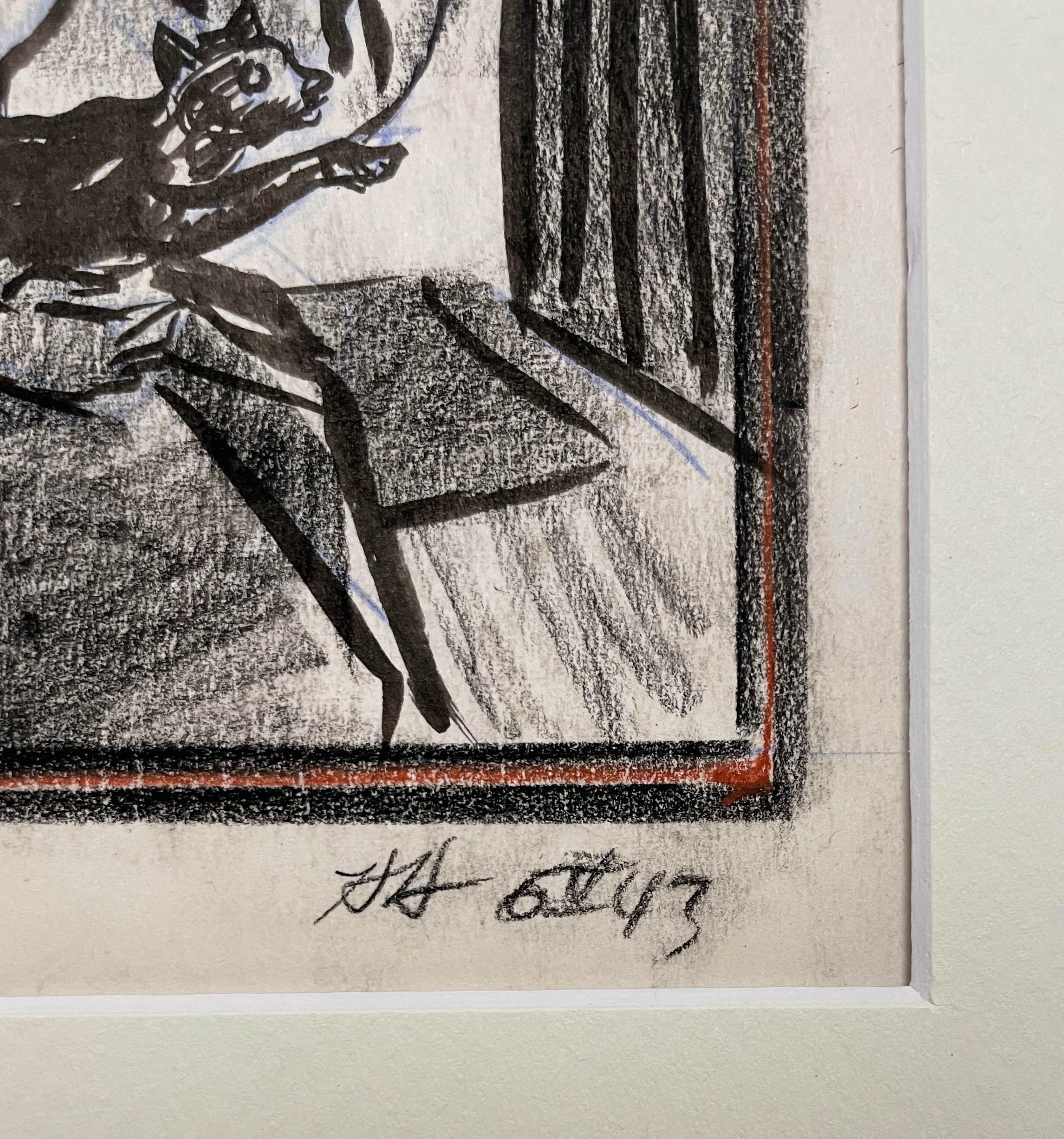 A Charming, 1940s Mid-Century Modern Studio Interior Study, Young Woman with Cat For Sale 2