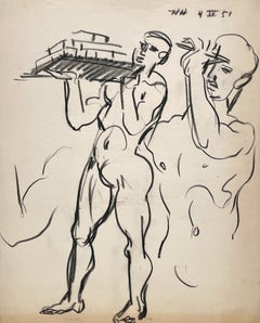 A Fine, Mid-Century Modern 1950s Figure Study, Young Male Nude Carrying Bricks