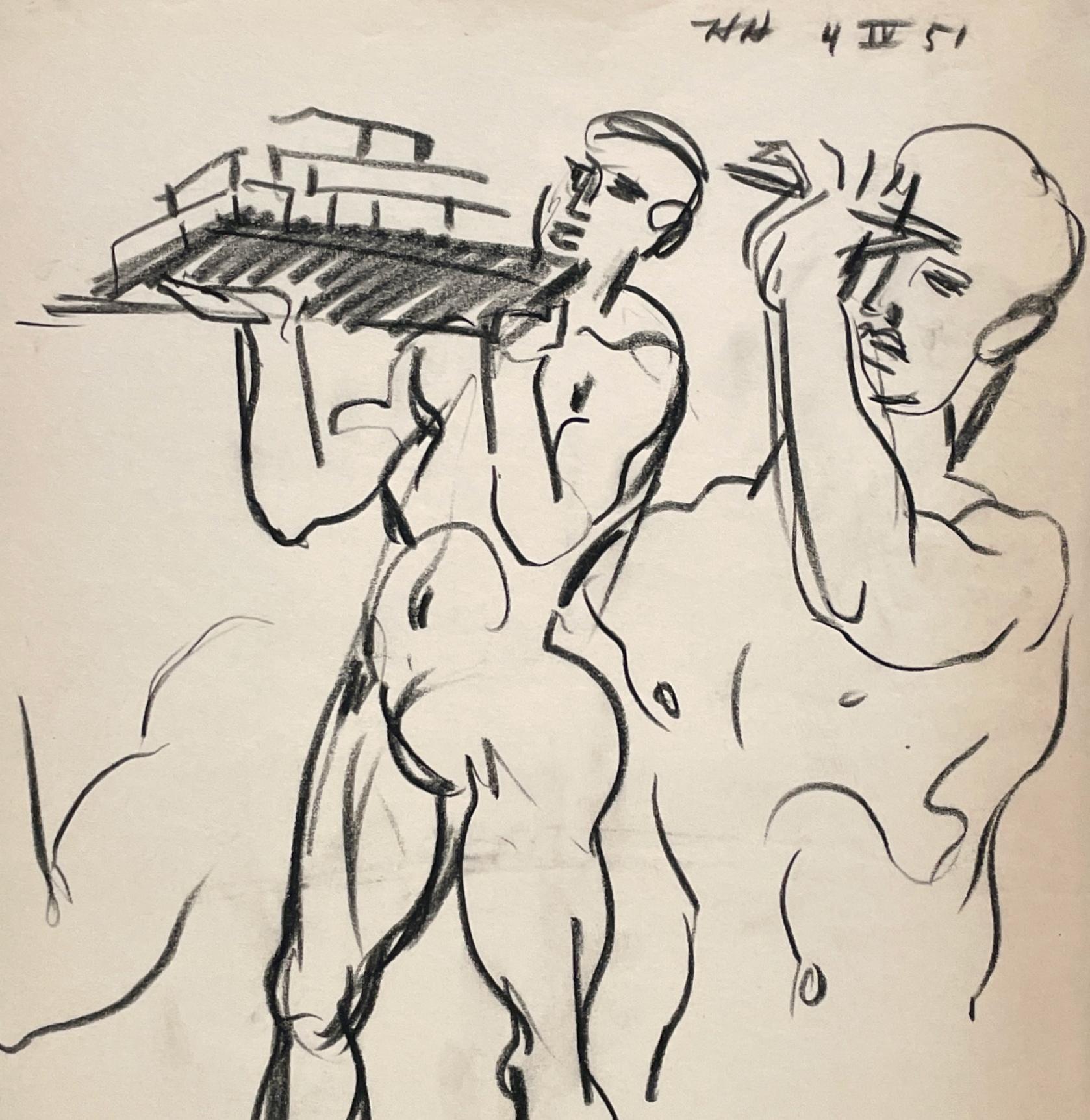 A Fine, Mid-Century Modern 1950s Figure Study, Young Male Nude Carrying Bricks - Beige Figurative Art by Harold Haydon