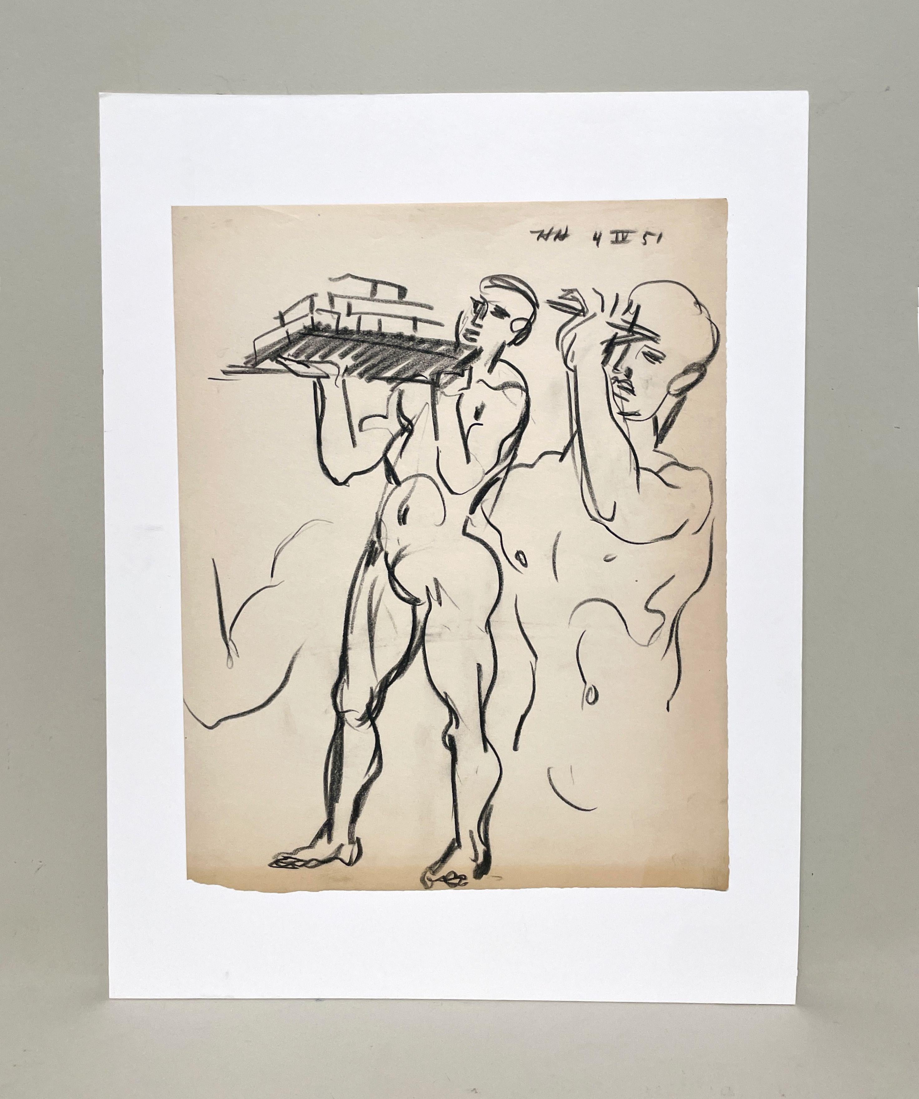 A Fine, Mid-Century Modern 1950s Figure Study, Young Male Nude Carrying Bricks - Art by Harold Haydon