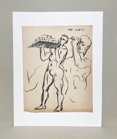 A Fine, Mid-Century Modern 1950s Figure Study, Young Nude Male Carrying Bricks