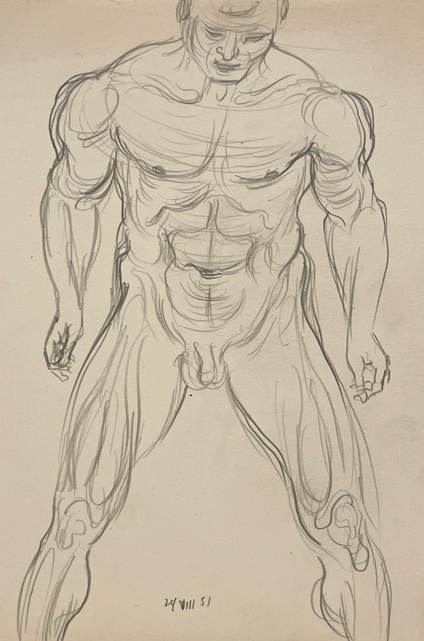 Un beau dessin d'un nu masculin debout, datant du milieu du siècle dernier et réalisé dans les années 1950 par un artiste renommé de Chicago, Harold Haydon (Am. 1909-1994).  Ce dessin d'étude de figure bien exécuté d'un modèle nu masculin debout met