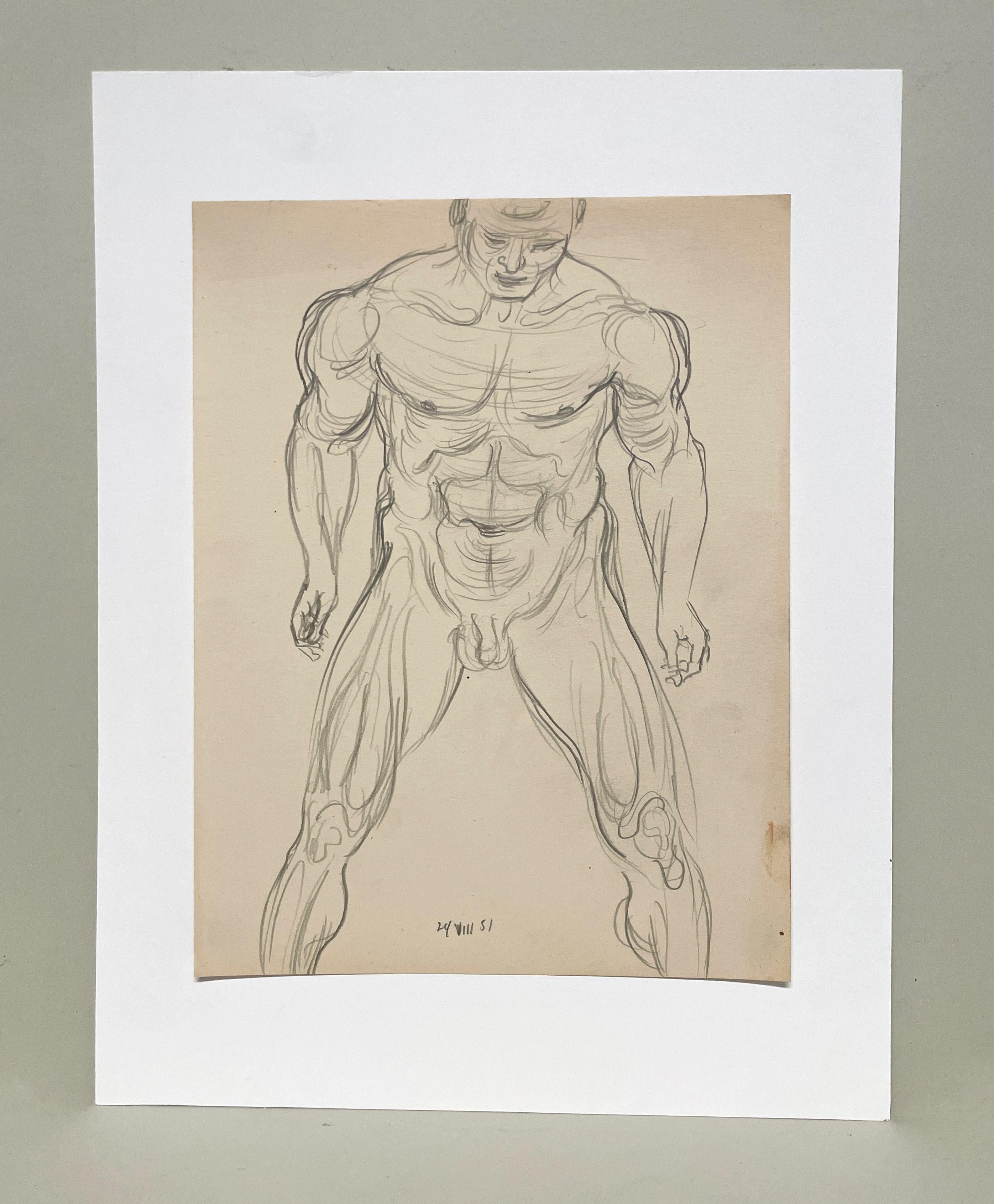 Belle étude de figure d'un nu masculin debout, datant du milieu du siècle dernier, réalisée dans les années 1950 - Art de Harold Haydon