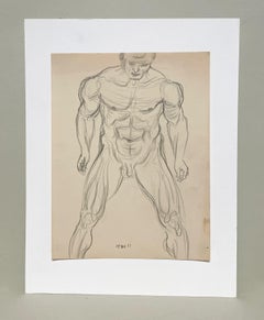 Fino estudio de la figura de un desnudo masculino de pie, moderno de mediados de siglo de 1950