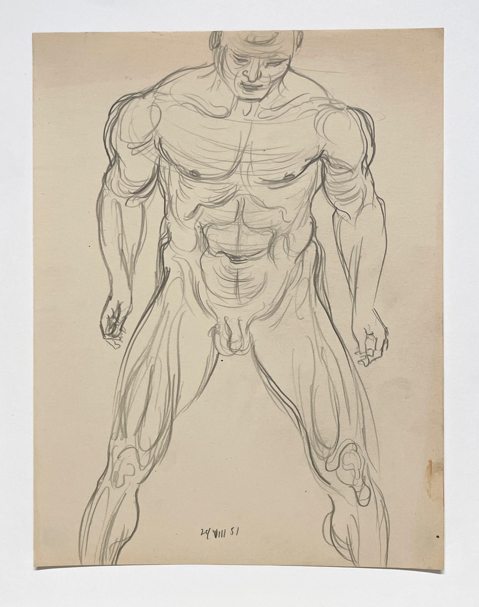 Belle étude de figure d'un nu masculin debout, datant du milieu du siècle dernier, réalisée dans les années 1950 - Modernisme américain Art par Harold Haydon