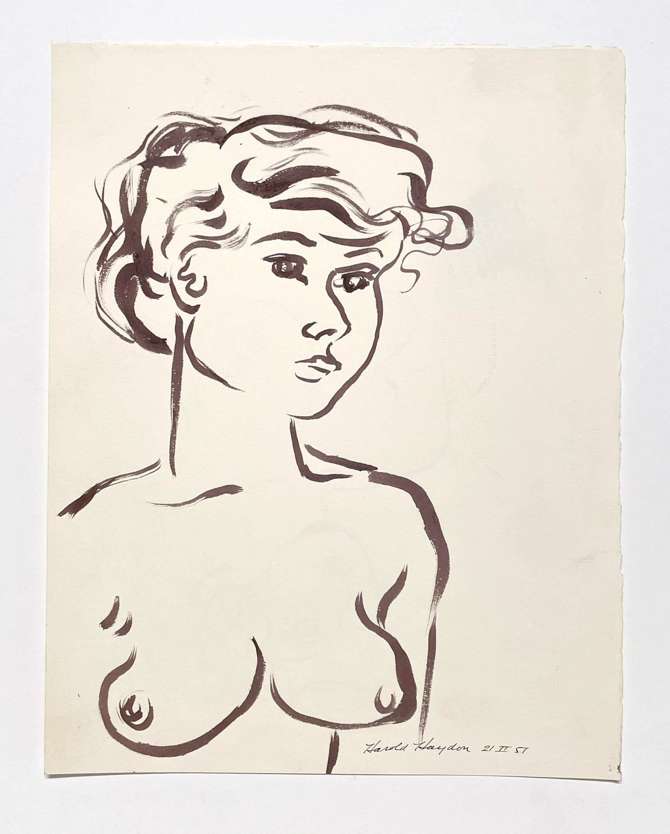 An Alluring, Finely Drawn 1950s Mid-Century Modern Female Nude Figure Study by Notable Chicago Artist, Harold Haydon (Am. 1909-1994).  The drawing is ink on paper and dates from 1951.  Artwork size:  12 x 9 1/2 inches, unframed, matted/floated to an