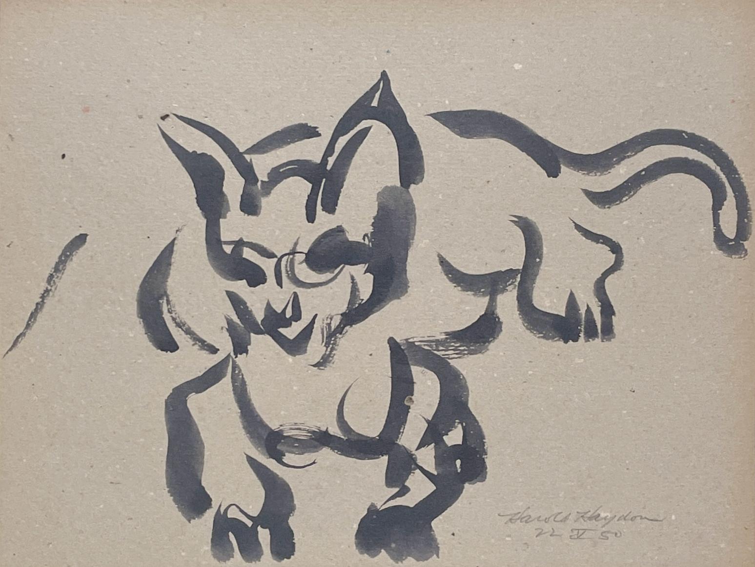 A Delightful, 1950s Mid-Century Modern Ink Drawing of a Resting Cat