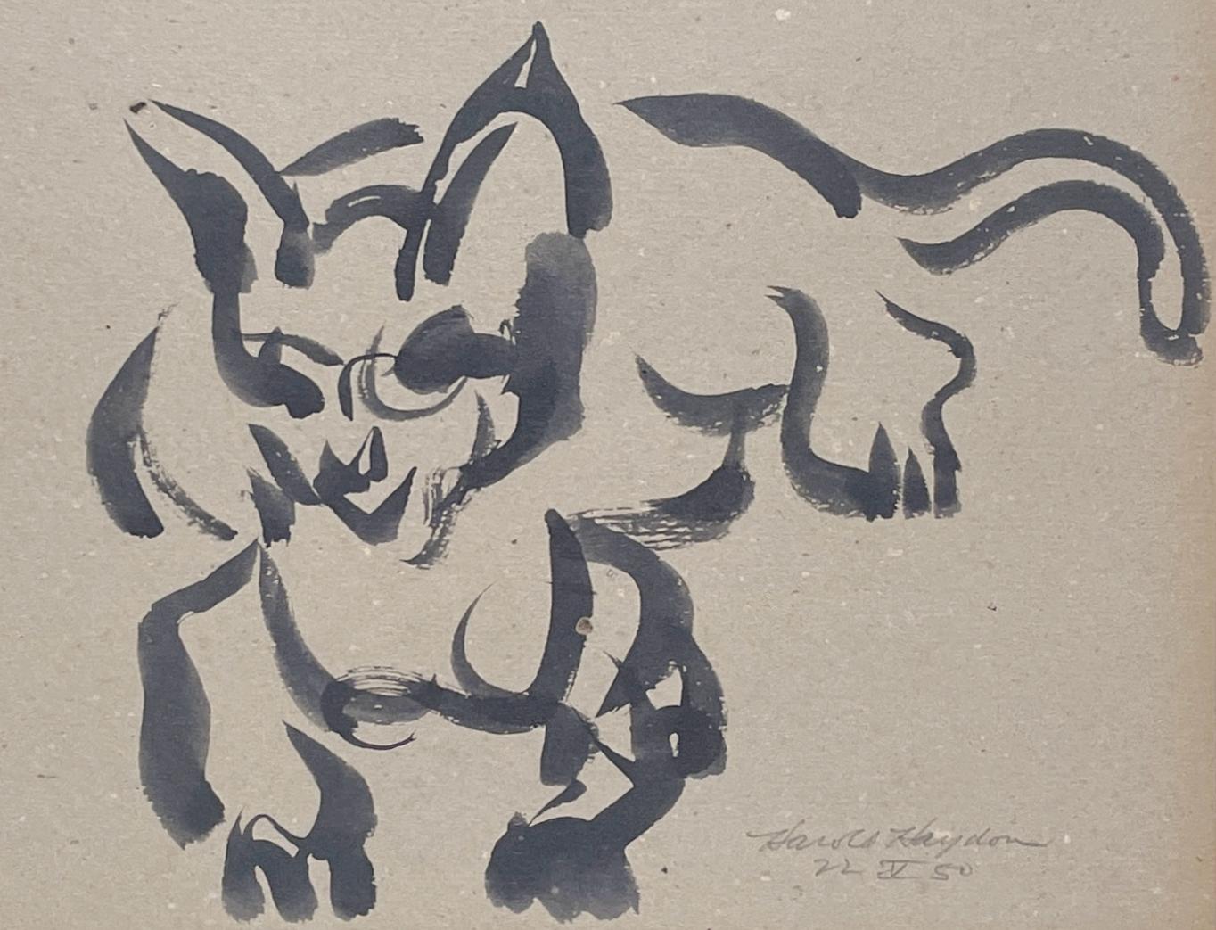A Delightful, 1950s Mid-Century Modern Ink Drawing of a Resting Cat - Beige Figurative Art by Harold Haydon