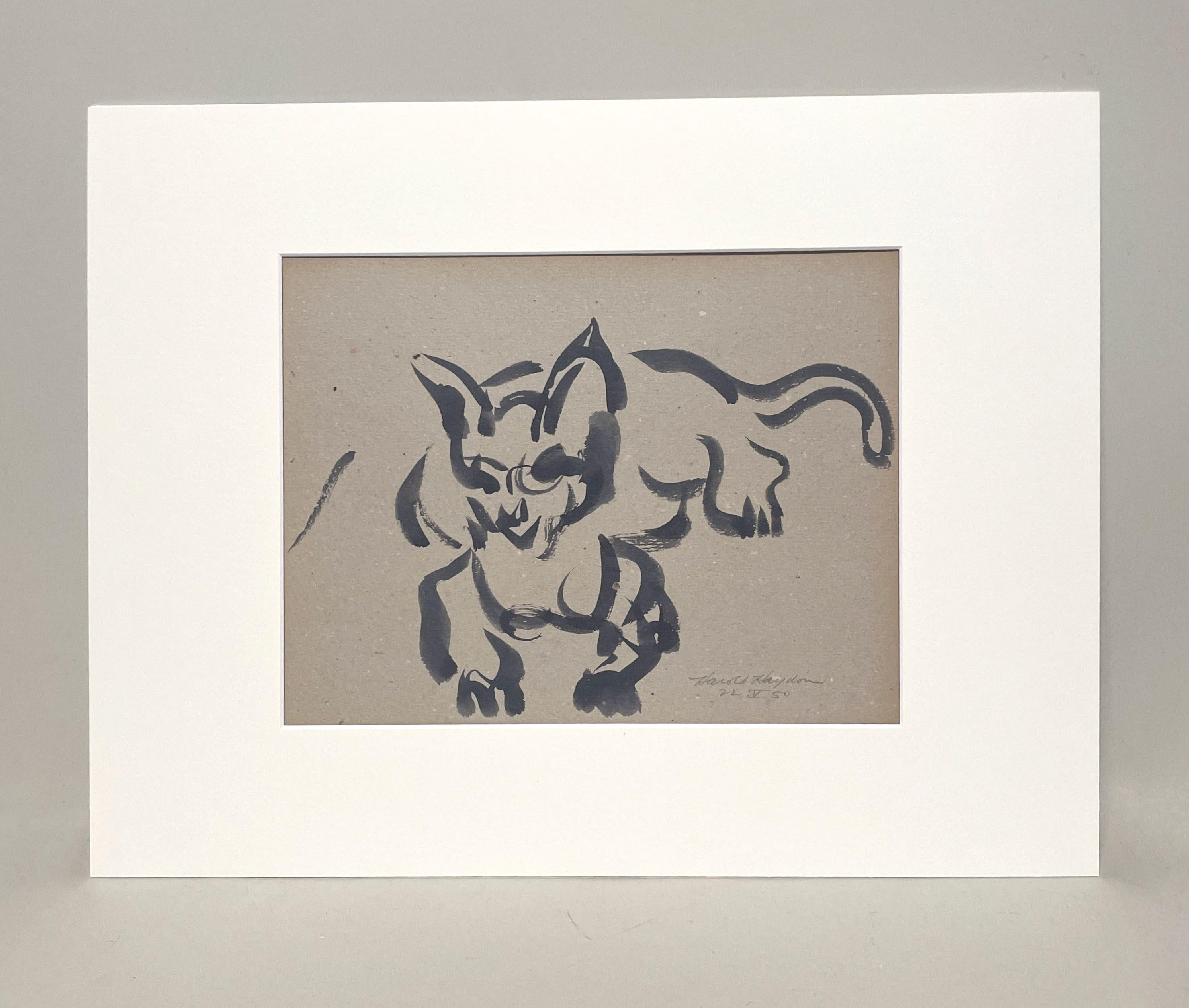 A Delightful, 1950s Mid-Century Modern Ink Drawing of a Resting Cat - Art by Harold Haydon