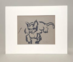 Un delizioso disegno a inchiostro di un gatto che riposa, in stile Mid-Century Modern, degli anni '50.