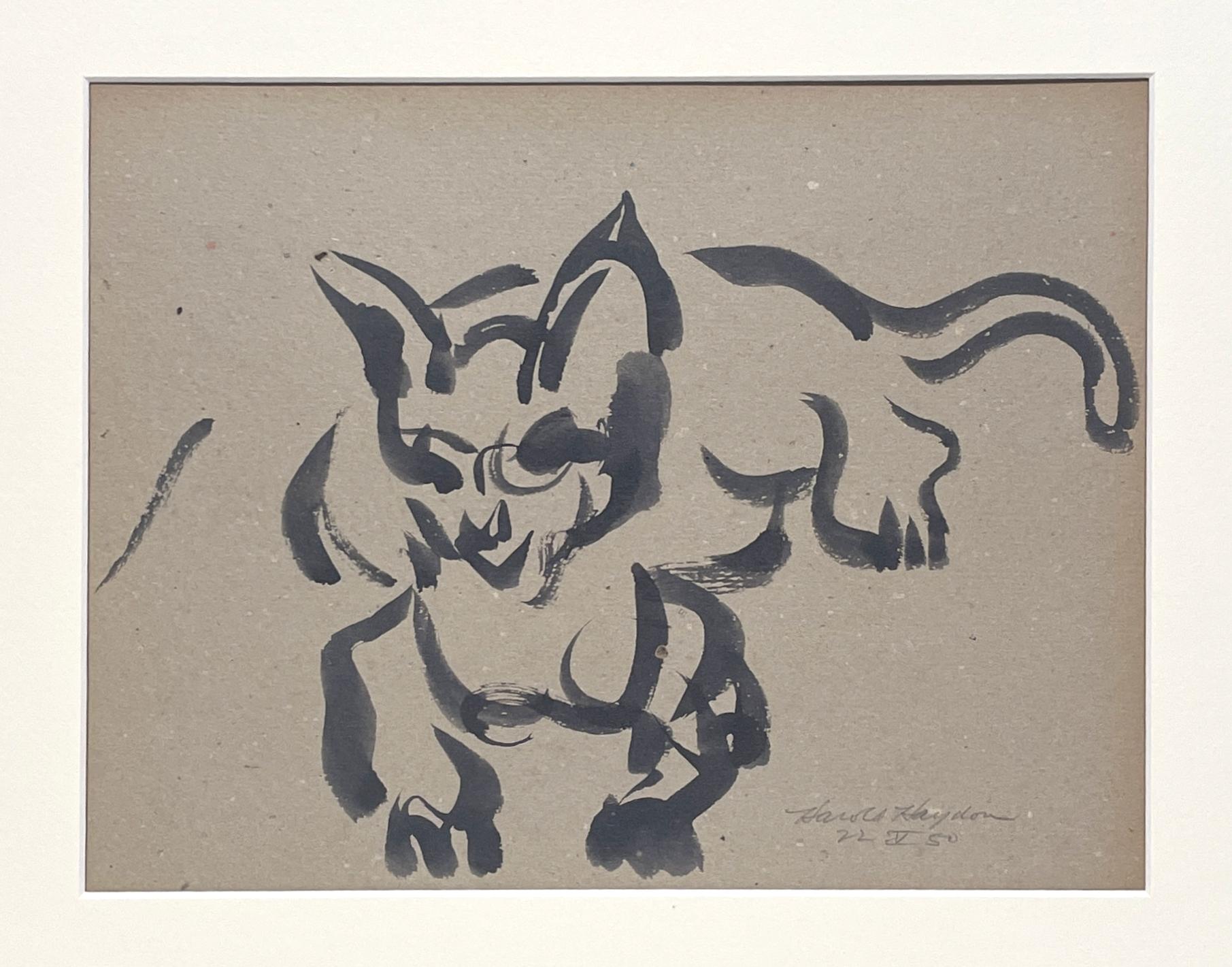 A Delightful, 1950s Mid-Century Modern Ink Drawing of a Resting Cat - American Modern Art by Harold Haydon
