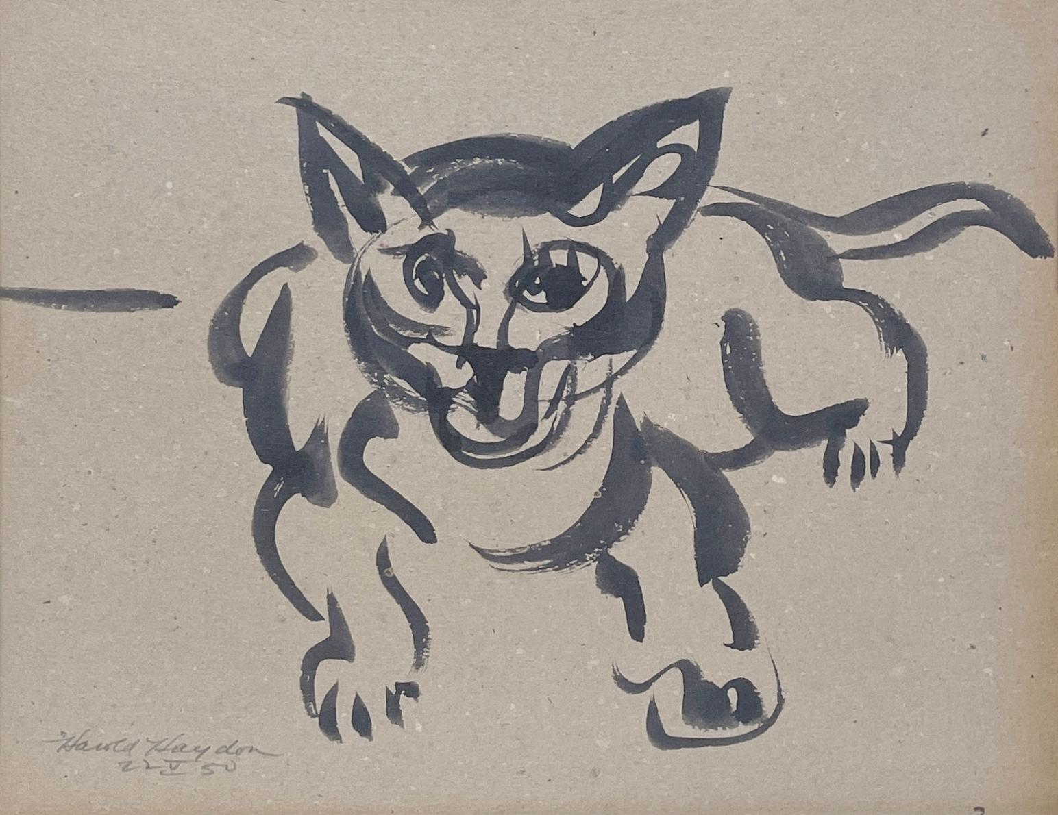 Harold Haydon Figurative Art - A Delightful, 1950s Mid-Century Modern Ink Drawing of a Resting Cat