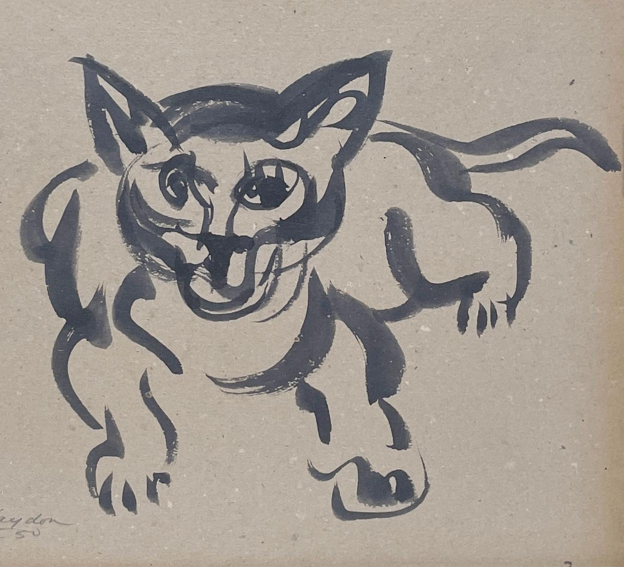 A Delightful, 1950s Mid-Century Modern Ink Drawing of a Resting Cat - Brown Figurative Art by Harold Haydon