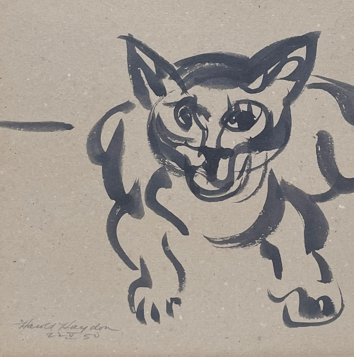 A Delightful, 1950s Mid-Century Modern Ink Drawing of a Resting Cat by Notable Chicago Artist, Harold Haydon (Am. 1909-1994).  

Artwork size: 9 1/4” x 11 1/2” (Sheet), unframed, matted to an archival 4-ply mat measuring 14