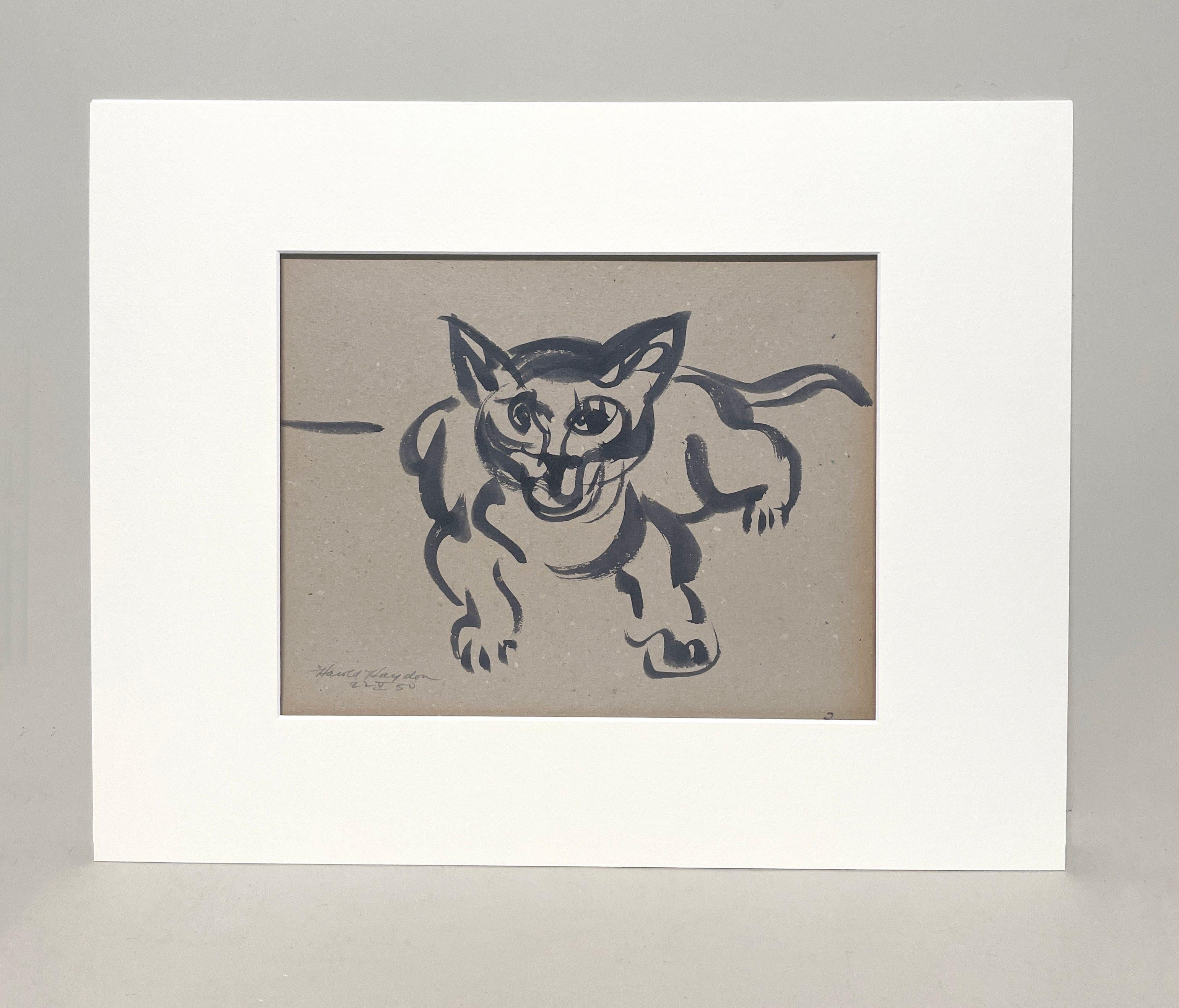 A Delightful, 1950s Mid-Century Modern Ink Drawing of a Resting Cat - Art by Harold Haydon