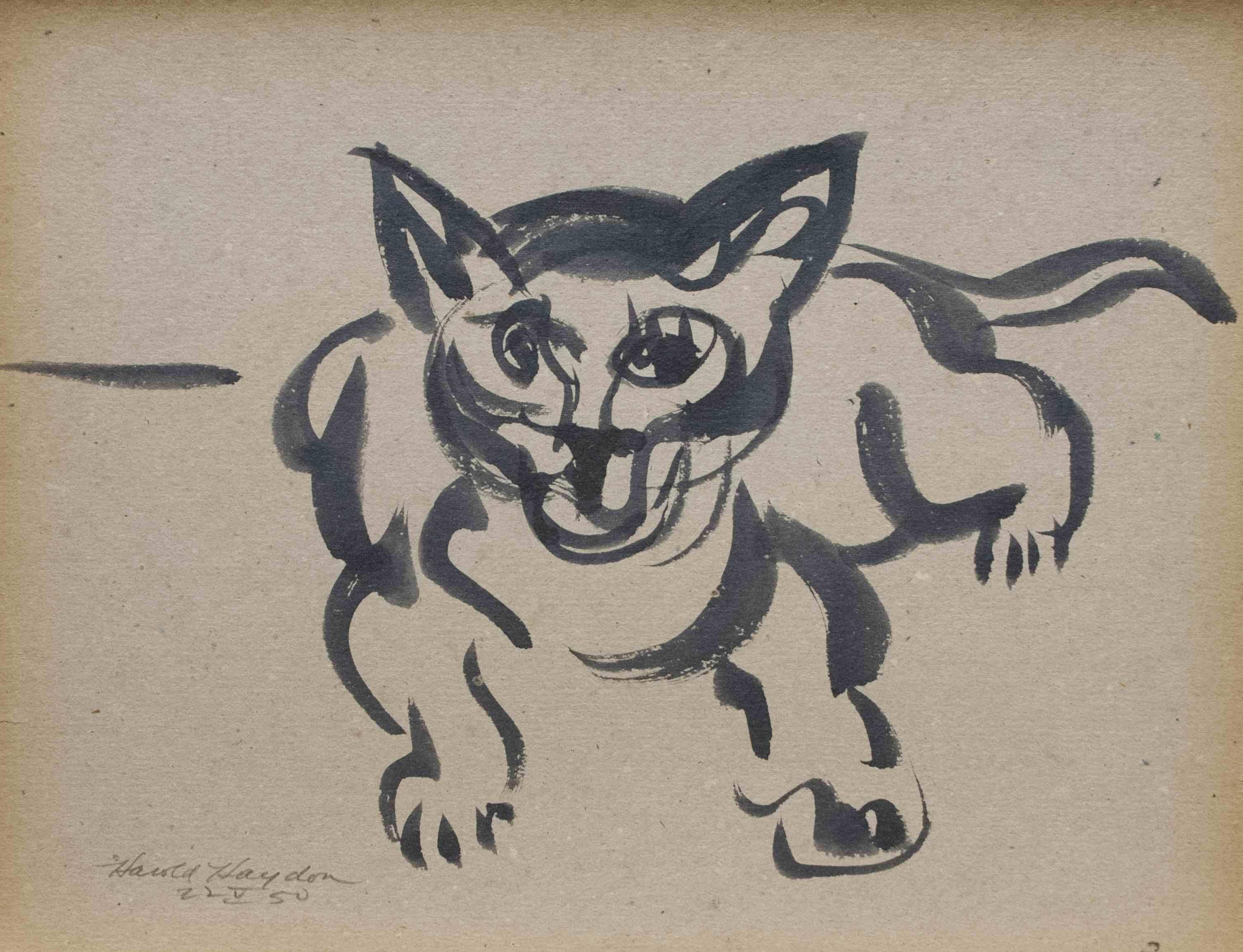 A Delightful, 1950s Mid-Century Modern Ink Drawing of a Resting Cat For Sale 2
