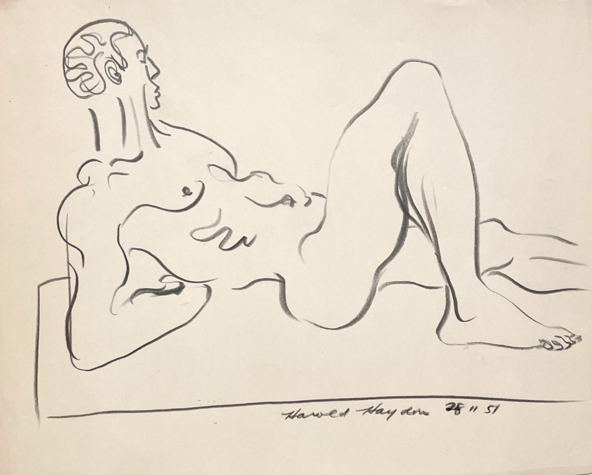 Belle étude de figure des années 1950, moderne du milieu du siècle dernier, modèle de nu masculin noir couché