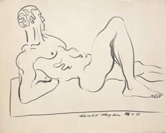 Belle étude de figure des années 1950, moderne du milieu du siècle dernier, modèle de nu masculin noir couché