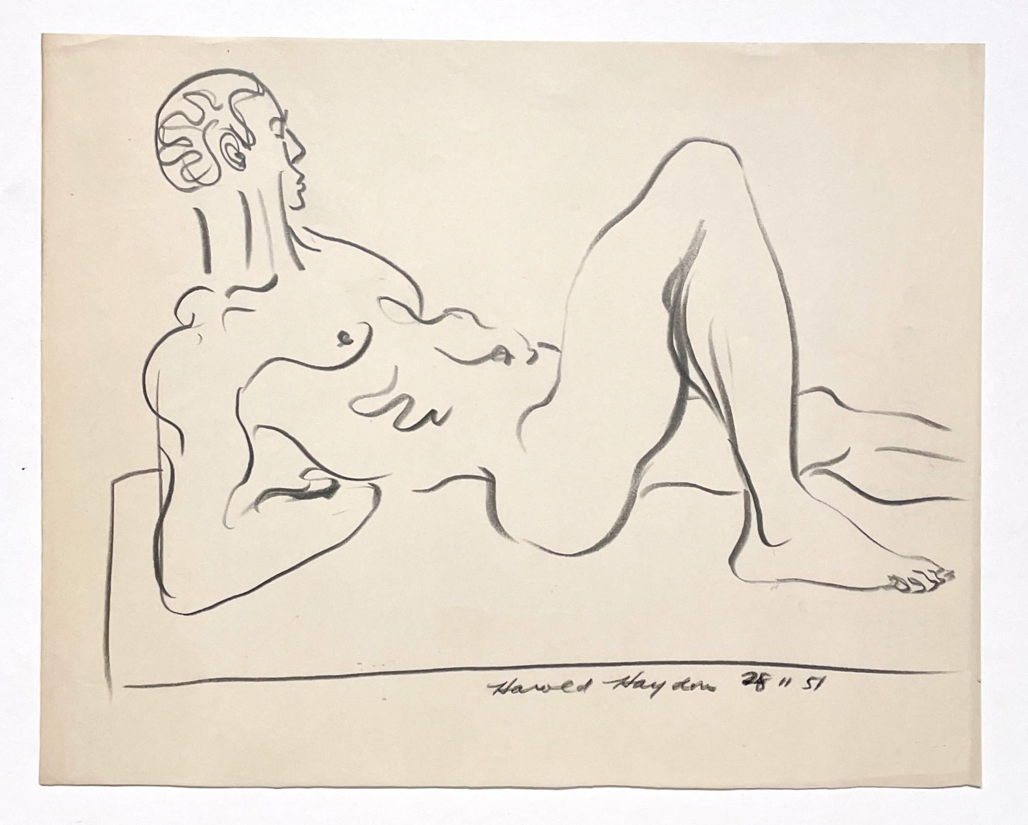Belle étude de figure des années 1950, moderne du milieu du siècle dernier, modèle de nu masculin noir couché - Modernisme américain Art par Harold Haydon