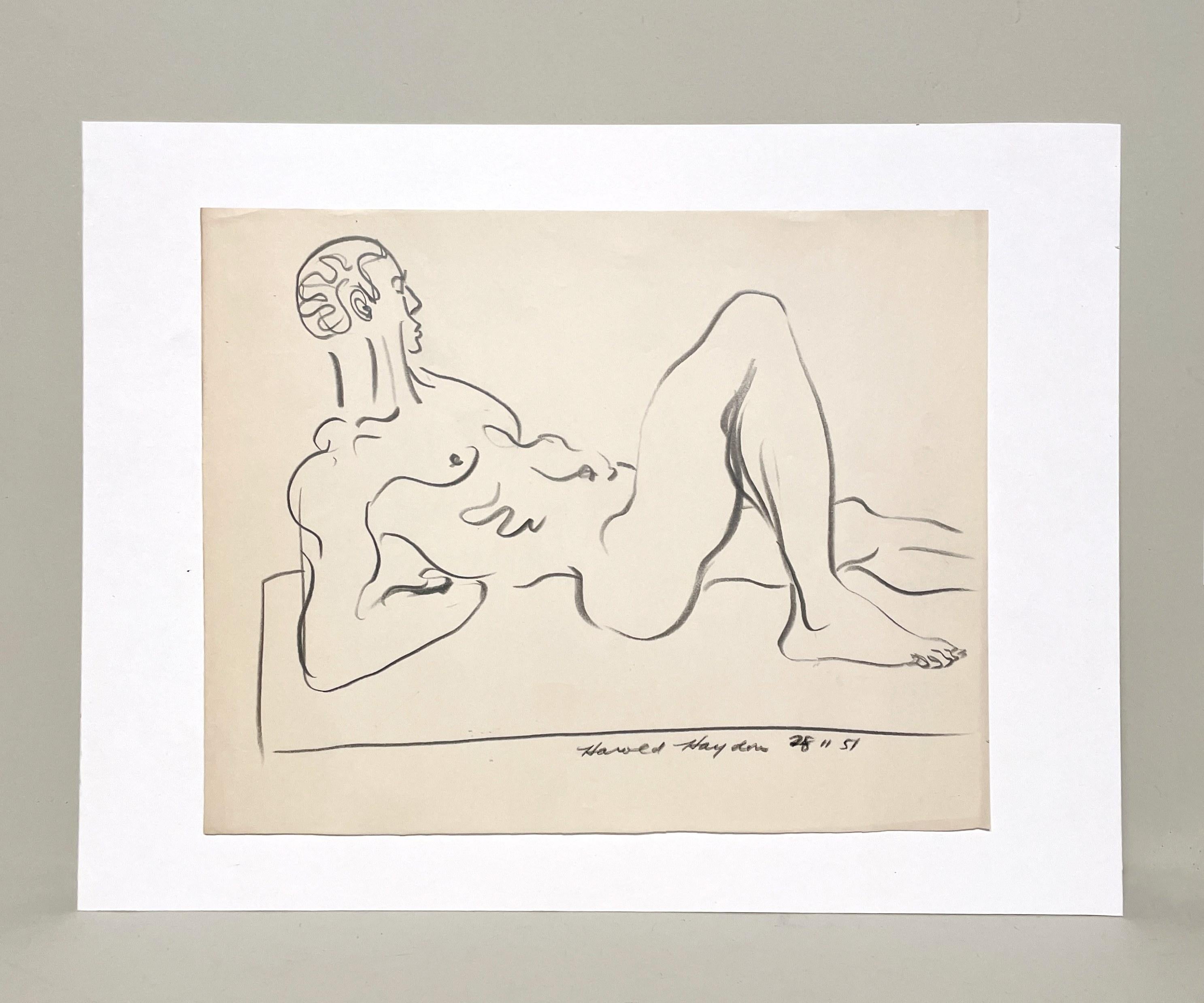 Belle étude de figure des années 1950, moderne du milieu du siècle dernier, modèle de nu masculin noir couché - Art de Harold Haydon