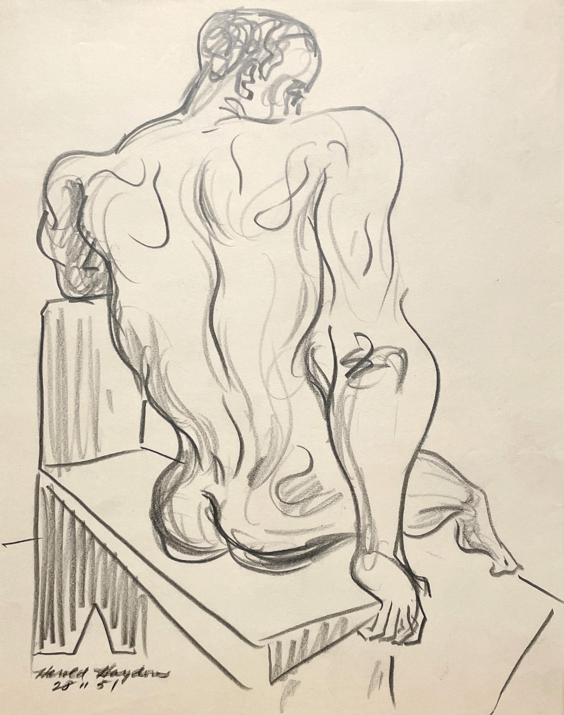 Belle étude de figure des années 1950, moderne du milieu du siècle, modèle de nu masculin noir assis