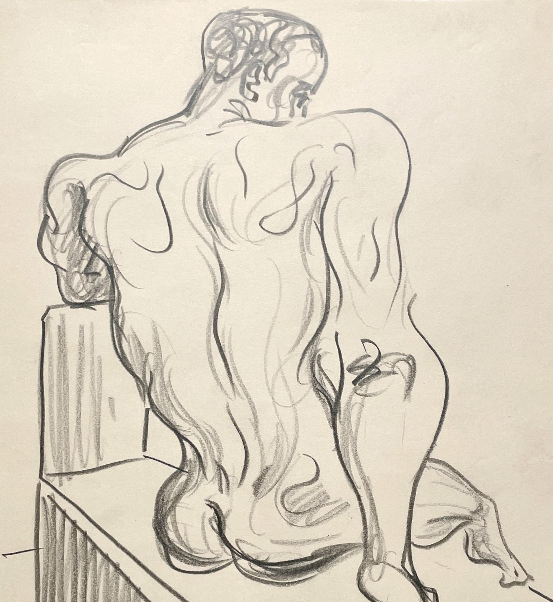 Eine schöne, moderne Figurenstudie aus der Mitte des Jahrhunderts 1950, sitzendes schwarzes männliches Aktmodell (Beige), Figurative Art, von Harold Haydon